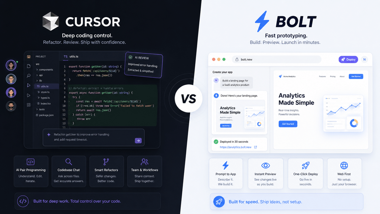 图片展示了Cursor和Bolt两款AI网站交付工具的对比。左侧为Cursor，其宣传语为“Deep coding control”，强调AI伙伴编程、代码问答、智能重构等功能，适合做扎实代码。右侧是Bolt，宣传语为“Fast prototyping”，可快速创建、预览、部署，适合快速试样。图片中间有“VS”标识，直观呈现两款工具在功能和定位上的差异，与上下文介绍的Cursor和Bolt适合不同场景相呼应。