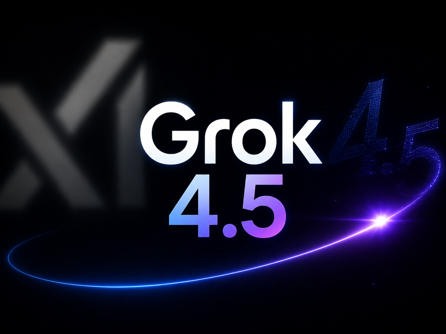 图片展示的是Grok 4.5的标志。背景为深色,左侧隐约可见“X”形图案。标志主体是“Grok”和“4.5”,“Grok”为白色大字,“4.5”为紫色数字,数字右侧有紫色光效。该图片位于文档开头部分,与上下文紧密相关,上下文在介绍Grok 4.5发布后,2026年AI建站方案评测的内容,此图作为Grok 4.5的视觉标识,突出其在AI建站领域的重要地位。