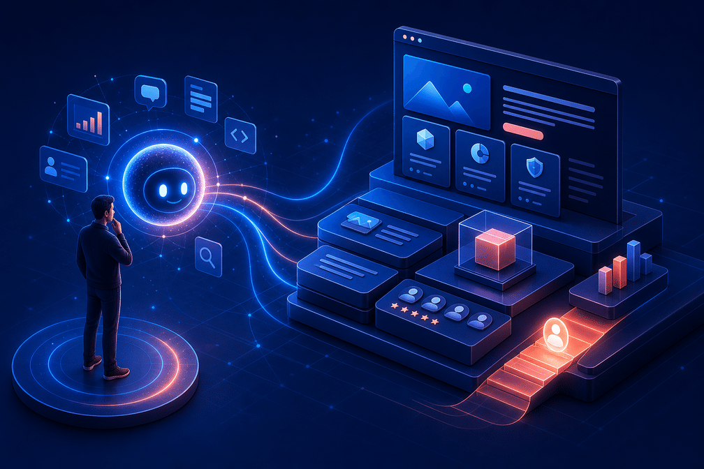 Das Bild zeigt einen Mann, der auf einer runden Plattform steht und einer KI-Oberfläche gegenübersteht, die aus Datendiagrammen, Suchsymbolen und anderen Elementen besteht. Unter der Oberfläche befinden sich mehrere Module, darunter eines mit einem Stern-Symbol und eines mit einem Benutzer-Avatar. Die gesamte Bildfarbe tendiert zu Blau und wirkt technologisch. Das Bild bezieht sich auf den Inhalt des Dokuments über Metas Vorstoß zur „persönlichen Superintelligenz“ und die Möglichkeit, dass KI-Assistenten einige Funktionen von Unternehmenswebsites ersetzen könnten. Es veranschaulicht die Interaktion zwischen KI und Menschen und deutet an, dass KI in Zukunft eine größere Rolle bei Unternehmenswebsites spielen könnte.