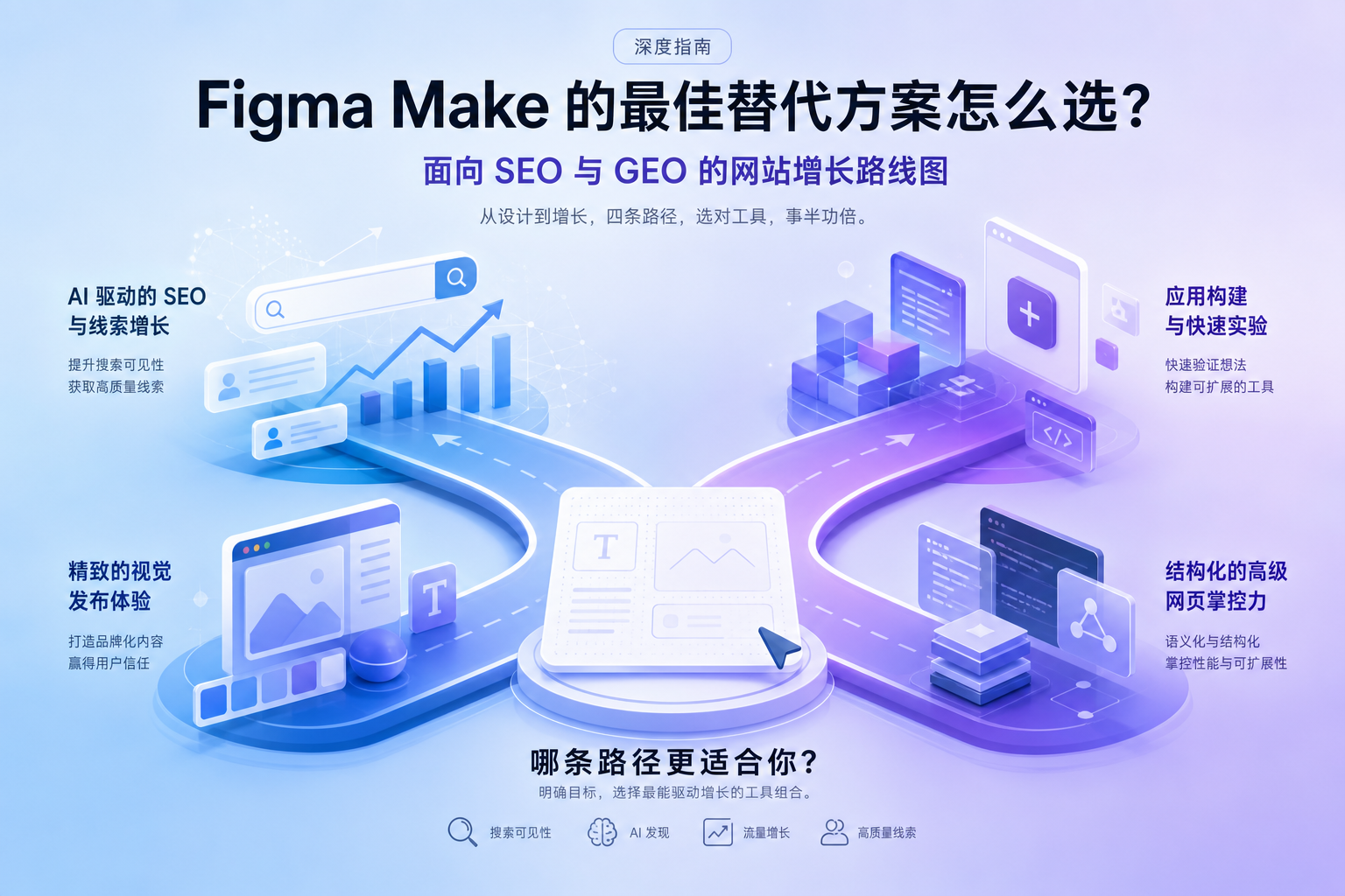 图片为Figma Make的最佳替代方案选择指南,主题为面向SEO与GEO的网站增长路线图。图中展示了从设计到增长的四条路径,包括AI驱动的SEO与线索增长、精致的视觉发布体验、应用构建与快速实验、结构化的高级网页掌控力。底部提问“哪条路径更适合你?”,并有搜索可见性、AI交互、流量增长、高质量内容四个选项。该图与上下文紧密相关,直观呈现了不同工具的适用场景。