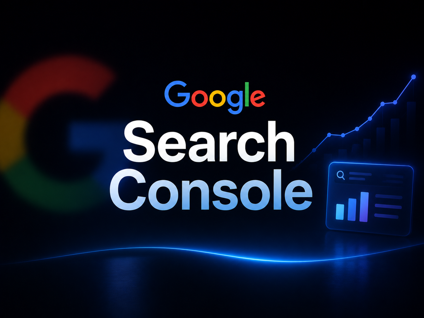 图片展示了Google Search Console的标志,背景为深色,左侧有模糊的Google标志,右侧有图表和折线图。该图片位于介绍Google Search Console已可单独查看AI搜索曝光的文档开头部分,起到引出主题的作用,直观呈现了Google Search Console这一核心内容,为后续关于AI搜索曝光等话题的阐述做铺垫。