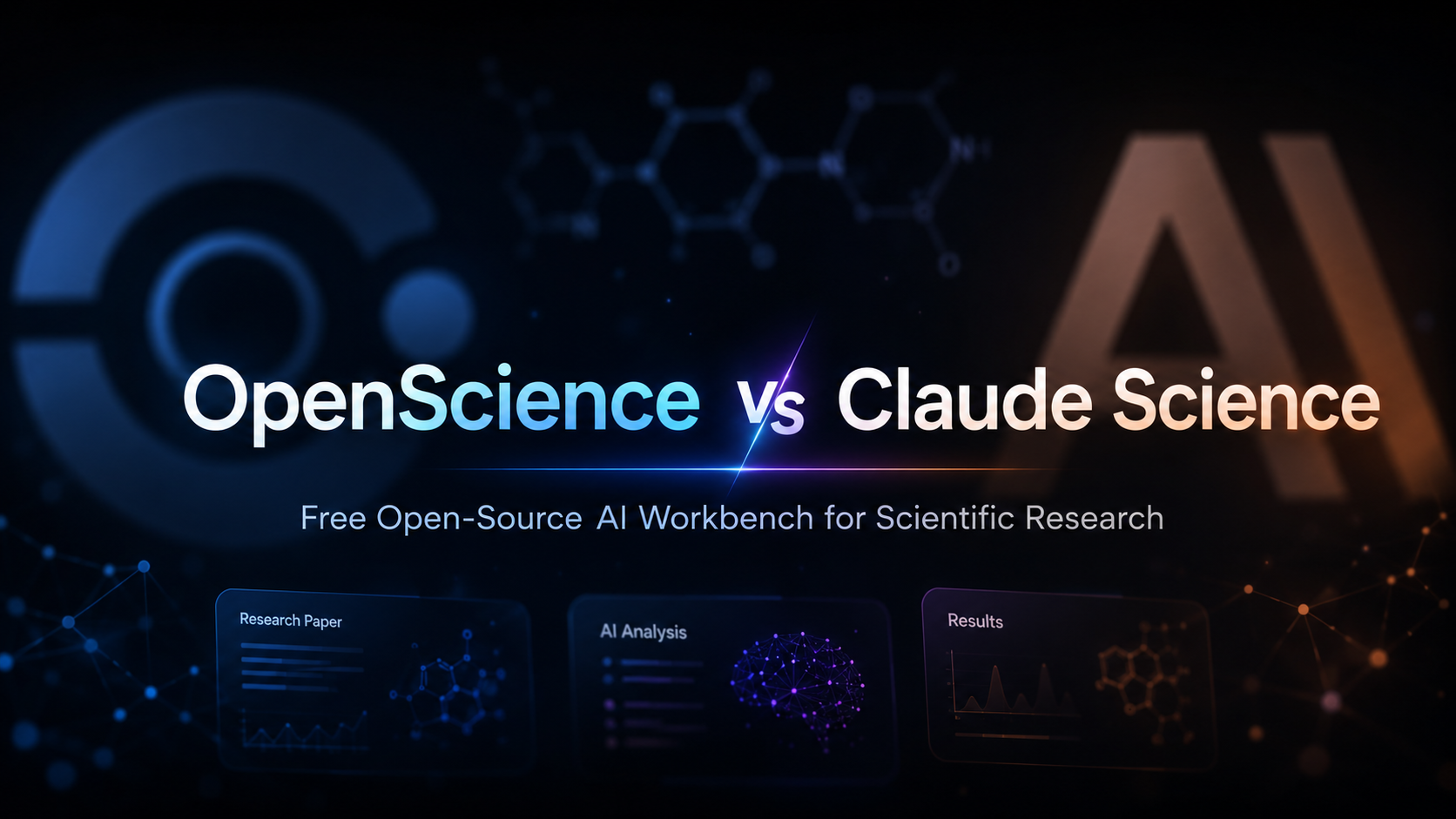 الصورة ذات خلفية داكنة، على اليسار شعار OpenScience وعلى اليمين شعار Claude Science. في المنتصف، تبرز عبارة 'OpenScience vs Claude Science' بخطوط زرقاء وبرتقالية، وتحتها نص 'منصة عمل ذكاء اصطناعي مجانية ومفتوحة المصدر للبحث العلمي'. في أسفل الصورة، ثلاثة أقسام: 'ورقة بحثية' و'تحليل ذكاء اصطناعي' و'نتائج'، مع أيقونات مناسبة لكل قسم. ترتبط هذه الصورة بمحتوى المقارنة بين OpenScience وClaude Science في المقال، وتوضح بشكل بصري وضعهما في مجال البحث العلمي.