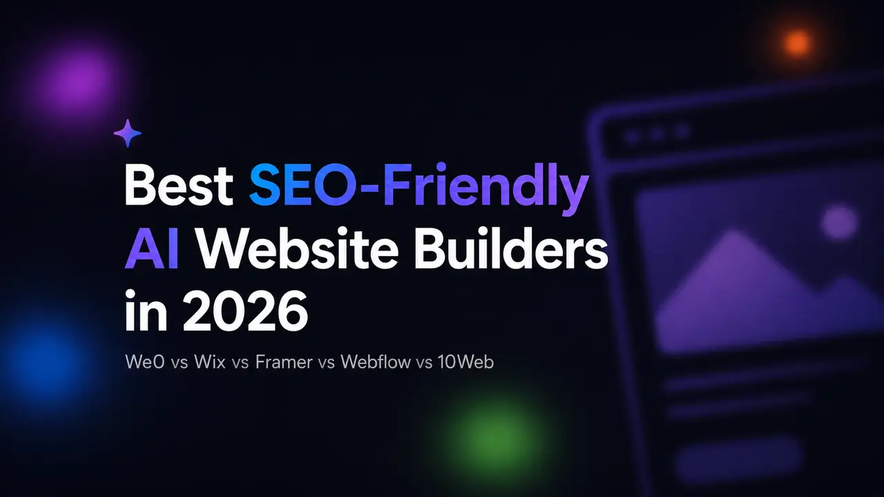 A 16:9 horizontal blog cover showing a comparison of five AI website builder cards. We0 should be positioned on a path from website creation to growth and lead generation. The visual should highlight SEO, GEO, content, and lead growth instead of simple page generation.
