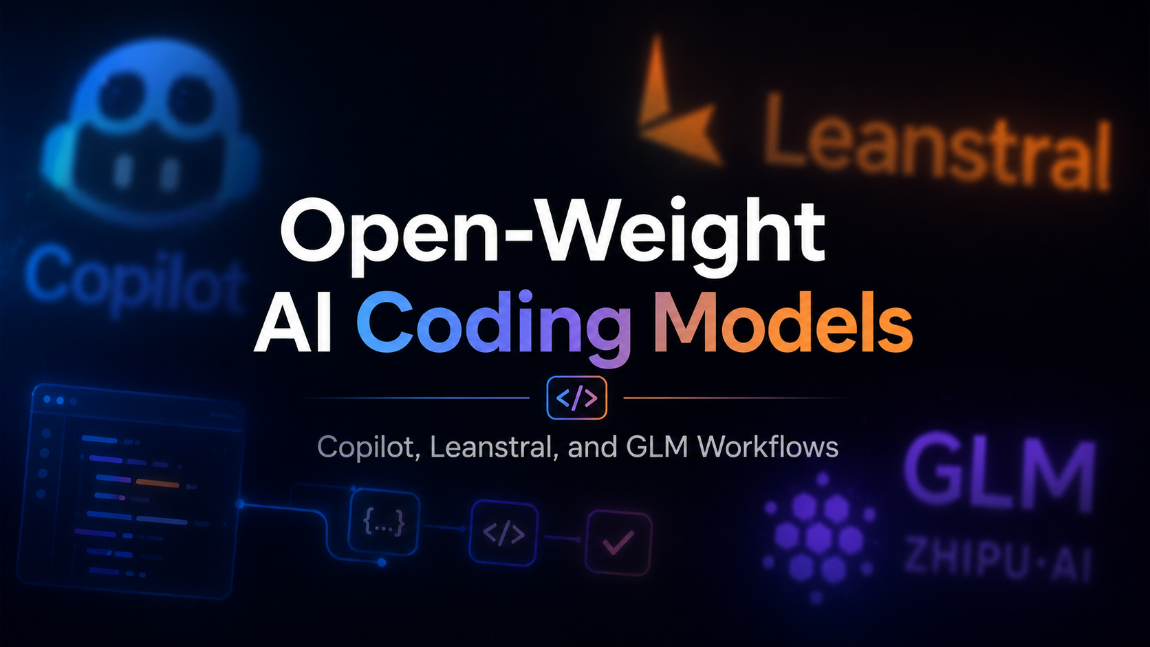 Das Bild zeigt Inhalte zu Open-Weight-KI-Coding-Modellen vor dunklem Hintergrund. Links ist das Copilot-Symbol zu sehen, rechts die Kennzeichen von Leanstral und GLM. In der Mitte steht groß „Open-Weight AI Coding Models“, wobei der Teil „Coding“ in einem violett-blauen Farbverlauf dargestellt ist und „Models“ orange hervorgehoben wird. Der darunterstehende Text „Copilot, Leanstral, and GLM Workflows“ macht den Bezug zu den Workflows von Copilot, Leanstral und GLM deutlich. Das Bild passt zum Dokument, das beschreibt, wie Open-Weight-KI-Coding-Modelle in Entwickler-Workflows mit Copilot, Leanstral, GLM und ähnlichen Tools eingebunden werden, und veranschaulicht das Thema auf anschauliche Weise.