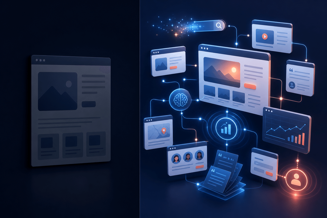 Das Bild zeigt ein Szenario, in dem eine Website mit KI interagiert. Links ist eine Webschnittstelle mit Bildern und Textinformationen zu sehen. Rechts sind mehrere Webschnittstellen durch blaue Linien verbunden, in der Mitte befinden sich ein blaues gehirnförmiges Symbol und ein Diagramm, darunter ein rotes Mensch-Symbol. Diese Webschnittstellen zeigen verschiedene Inhalte wie Karten, Personen-Icons, Diagramme usw. Das Bild steht in engem Zusammenhang mit dem Kontext und veranschaulicht intuitiv das Szenario, in dem die Website unter KI-Unterstützung vielfältige Informationen präsentiert, und betont, dass die Website zu einer maschinenlesbaren Geschäftsschnittstelle wird.