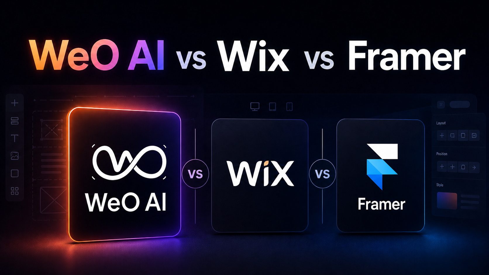 تعرض الصورة مقارنة بين ثلاث أدوات لبناء المواقع: WeO AI وWix وFramer. على اليسار يظهر WeO AI وشعاره على شكل رمز اللانهاية، مع خلفية بتدرج لوني بين البرتقالي والبنفسجي؛ وفي الوسط يظهر Wix مع شعار "WiX"؛ وعلى اليمين يظهر Framer مع شعار سهم أزرق. تظهر كلمة "vs" فوق اسم كل أداة، ما يشير إلى أنها قيد المقارنة. تقع الصورة في بداية المستند، وتعرض بصريًا أدوات بناء المواقع الثلاث التي سيقارنها المستند، تمهيدًا للمقارنة التفصيلية اللاحقة.