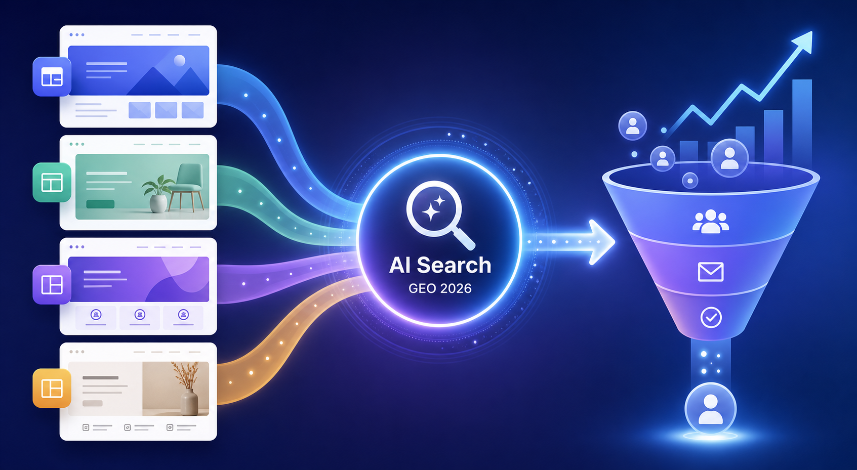 이미지는 2026년 AI 검색(AI Search)의 개념을 보여줍니다. 중앙에는 빛나는 원형이 있고, 그 안에 돋보기 아이콘과 “AI Search GEO 2026” 문구가 있습니다. 왼쪽에는 서로 다른 스타일의 웹페이지 인터페이스 네 개가 있으며, 오른쪽에는 전환 퍼널을 나타내는 깔때기 모양 아이콘이 있습니다. 아래에는 사용자, 이메일, 체크 아이콘이 있습니다. 이 이미지는 문서에서 논의하는 2026년 AI 검색 경험과 관련이 있으며, AI 검색 경험에서 웹사이트가 이해되고, 인용되고, 추천되고, 전환되는 것이 핵심임을 강조합니다.