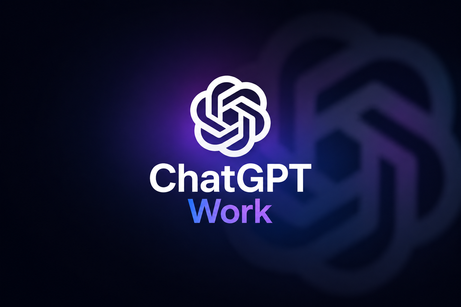 图片展示的是ChatGPT Work的标志。标志由一个由多个白色几何图形组成的图案构成,图案中心有类似齿轮的结构。图案下方是“ChatGPT”文字,其中“Work”为蓝色。背景为深色,右侧有模糊的类似图案。该图片位于文档开头部分,与上下文紧密相关,上下文在探讨ChatGPT Work是否能替代We0 AI进行网站长期运营的问题,此图可能作为ChatGPT Work的示例或相关介绍。