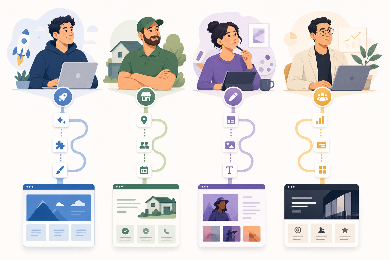 توضح الصورة أربعة سيناريوهات مختلفة لتصميم المواقع وعملية إنشاء المحتوى. في الزاوية اليسرى العليا شركة ناشئة برمز صاروخ؛ في الزاوية اليمنى العليا شركة عقارات برمز منزل؛ في الزاوية اليسرى السفلى مدونة شخصية برمز جبل؛ في الزاوية اليمنى السفلى موقع شركة برمز مبنى. كل سيناريو يقابله أنواع مختلفة من صفحات المواقع، مثل موقع شركة ناشئة، موقع شركة عقارات، موقع مدونة شخصية، وموقع شركة. ترتبط هذه الصورة ارتباطًا وثيقًا بالسياق، حيث تقدم بشكل مرئي السيناريوهات والاحتياجات عند اختيار أدوات بناء المواقع حسب النشاط التجاري.