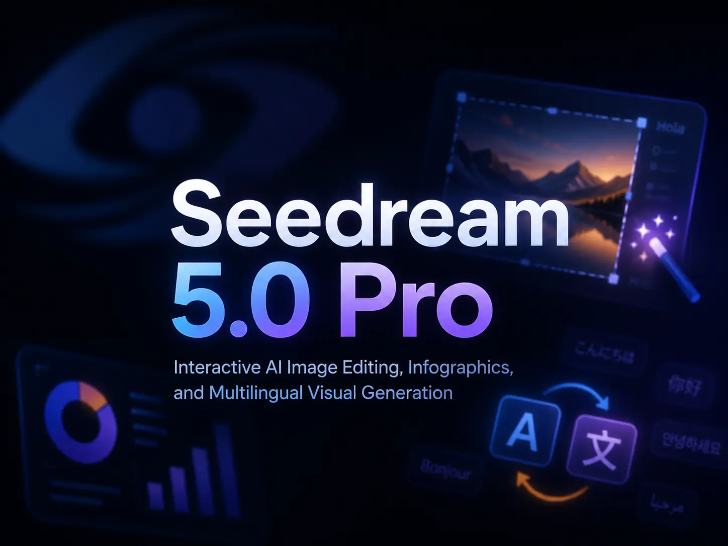 ByteDanceのAI画像モデルSeedream 5.0 Proを示す画像。背景は暗色で、左側に青い目の模様、右側に編集ボックスが付いた画像がある。画面下部には「Seedream 5.0 Pro」の文字と、その機能「Interactive AI Image Editing, Infographics, and Multilingual Visual Generation」が表示されている。画面には「Bonjour」「你好」「안녕하세요」などの様々な言語の挨拶や、グラフ、編集マークなどの要素が散りばめられている。この画像は、Seedream 5.0 Proの関連機能を紹介する文書の内容に対応している。