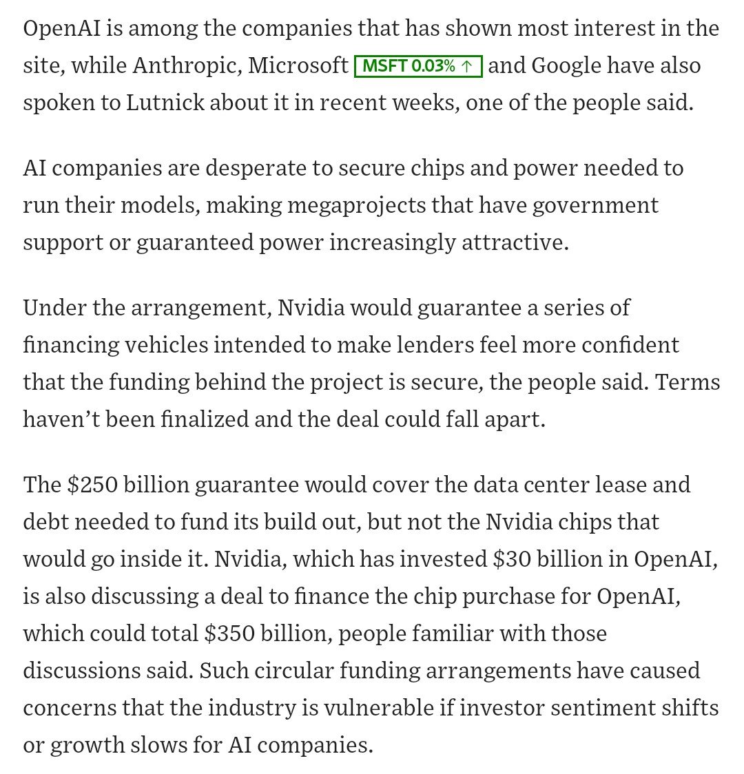 OpenAI, Anthropic, Microsoft, Google 등의 AI 칩 및 컴퓨팅 성능 수요를 설명하는 문서의 한 부분 이미지입니다. 문서는 NVIDIA가 OpenAI에 최대 2500억 달러의 데이터 센터 자금 조달 보증을 제공하고 OpenAI의 NVIDIA 칩 구매를 위해 350억 달러의 자금을 조달할 수 있다고 언급합니다. 또한 NVIDIA가 이미 OpenAI에 300억 달러를 투자했으며 OpenAI의 칩 구매 자금 조달 거래를 논의 중이라고 밝힙니다. 이미지는 컨텍스트 내용과 직접적으로 관련되어 있으며, 이를 시각적으로 제시합니다.
