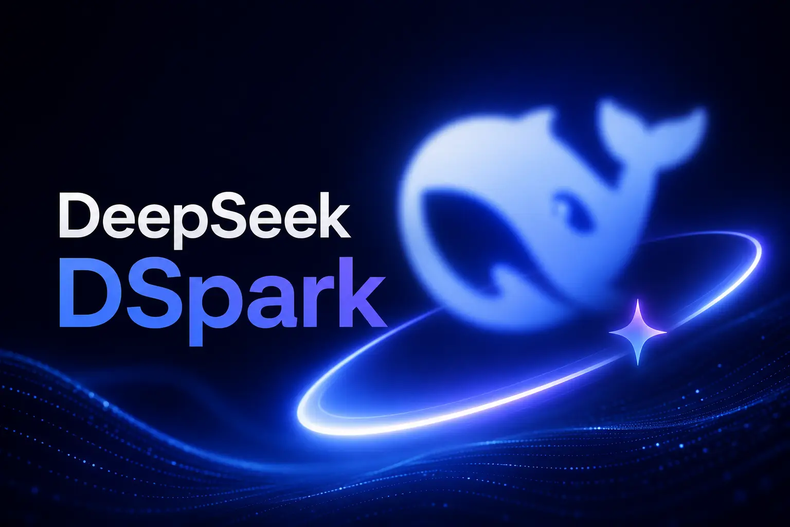 이미지는 DeepSeek DSpark의 홍보 이미지로, 배경은 짙은 파란색이며 푸른빛 효과와 입자 효과가 들어가 있습니다. 왼쪽에는 흰색과 파란색 글꼴로 “DeepSeek DSpark”가 표시되어 있고, 오른쪽에는 파란색 고래 문양이 있으며 고래 주변을 파란색 빛의 고리와 별들이 둘러싸고 있습니다. 이 이미지는 문서에서 소개하는 DeepSeek DSpark 내용과 관련이 있으며, DeepSeek DSpark의 브랜드 이미지 또는 기술 주제를 보여주기 위한 것으로 보이고, 문서에서 언급된 Apple Silicon에서의 Mac 로컬 LLM 추론 가속 등의 정보와도 맞닿아 있습니다.