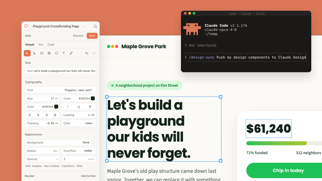 图片展示了Claude Design的界面。左侧是“Playground Crowdfunding Page”，包含文本编辑区域，可调整字体、大小、颜色等；右侧是“Maple Grove Park”众筹页面，显示筹款金额、进度及“Chip in today”按钮。右侧还显示了Claude Code v2.1.176版本信息及“/design - sync Push my design components to Claude Design!”指令。该图与上下文紧密相关，直观呈现了Claude Design在设计众筹页面时的界面及操作指令，辅助说明其作为视觉工作台的功能。
