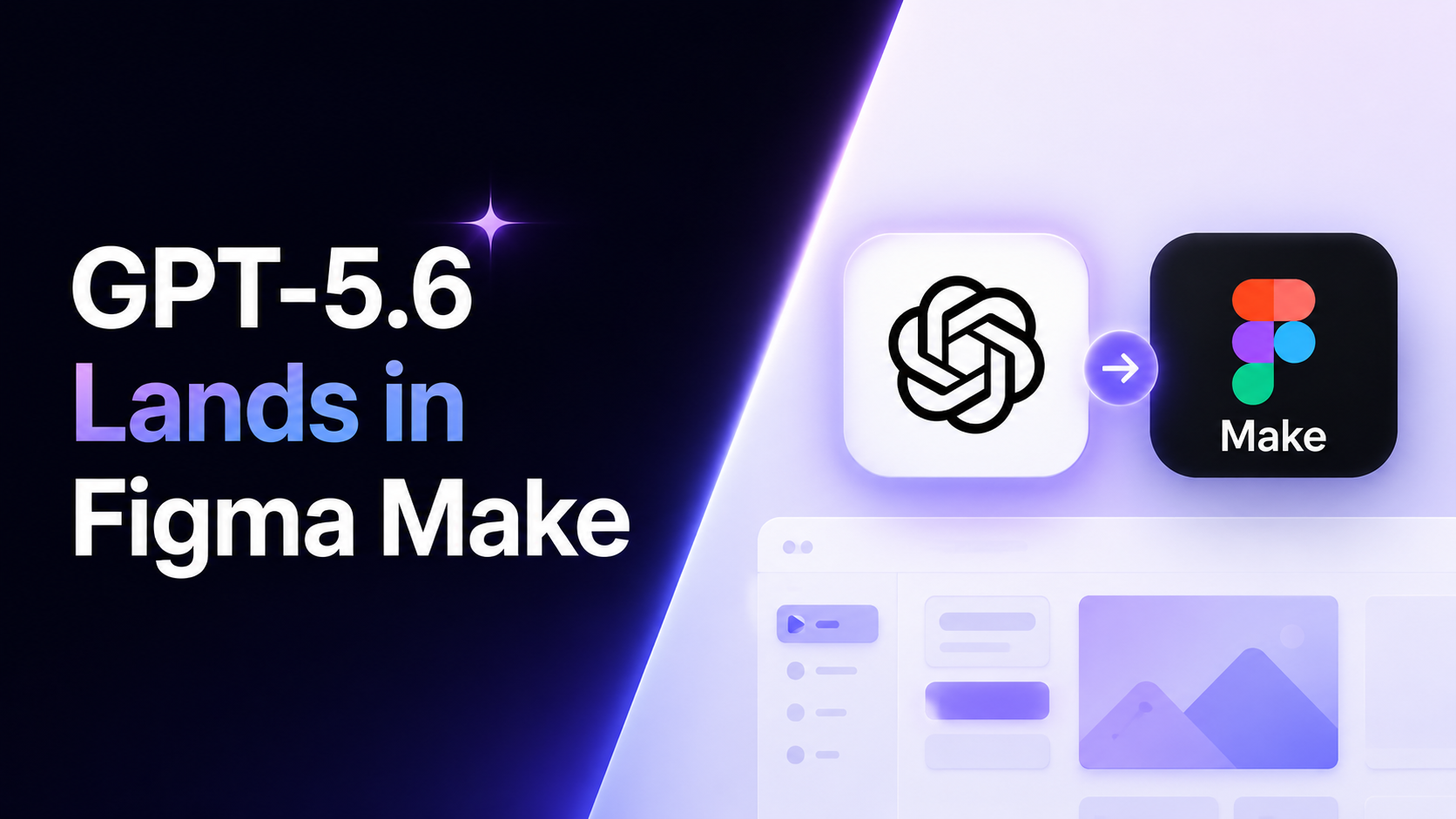 图片展示了Figma Make接入GPT-5.6的相关内容。左侧背景为深色,有“GPT-5.6 Lands in Figma Make”文字,右侧是Figma Make的图标,图标左侧有箭头指向。下方展示了Figma Make的界面,有播放按钮、列表、图片等内容。该图片与文档中Figma Make接入GPT-5.6这一主题相关,直观呈现了Figma Make的界面和与GPT-5.6的结合情况。