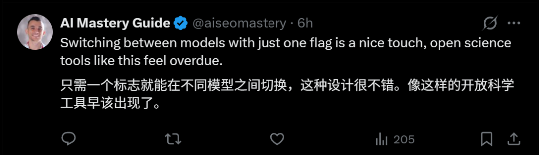 Imagem exibindo um comentário no Twitter, onde o usuário @aiseomastery diz que é muito bom poder alternar entre diferentes modelos com apenas um botão, e que ferramentas de ciência aberta como essa já deveriam ter surgido há muito tempo. O comentário aparece após a seção do documento que introduz a seleção de modelos do OpenScience, sendo um elogio à funcionalidade de alternância de modelos, em sintonia com o contexto que menciona o suporte a múltiplos modelos e a flexibilidade na escolha para trabalhos científicos, reforçando seu caráter de ciência aberta.
