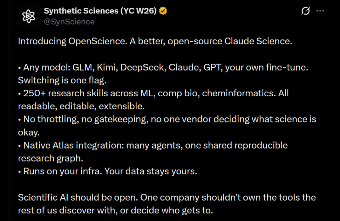 Imagem de um tweet da Synthetic Sciences sobre o OpenScience. O conteúdo apresenta o OpenScience como uma versão melhorada e de código aberto do Claude Science, compatível com qualquer modelo, como GLM, Kimi, DeepSeek, Claude, GPT, entre outros, e com possibilidade de personalização e ajuste fino. Possui mais de 250 habilidades de pesquisa, abrangendo ML, bioinfo computacional, quimioinformática, etc., e é legível, editável e extensível. Sem limites, sem barreiras, não depende de um único fornecedor para decidir quais ciências podem ser feitas. Suporta integração com Atlas, com múltiplos agentes compartilhando gráficos de pesquisa reproduzíveis. Roda na infraestrutura do usuário, e os dados pertencem ao usuário. Destaca que a IA científica deve ser aberta e não deve ser monopolizada por uma única empresa.
