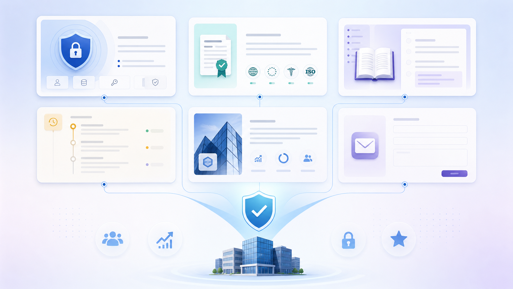 The image shows how enterprise trust content can be presented, using a blue-and-white color palette. In the center is a group of buildings, with lock and star icons below. At the top are six sections representing content such as security, certifications, documentation, compliance, privacy, and contact sales. Each section includes an icon and text description—for example, the security section features a lock icon, and the certifications section features a certificate icon. The image is closely related to the surrounding context and visually demonstrates how enterprise trust content should be presented, emphasizing that enterprise trust needs to be searchable, citable, and convertible as part of a website growth platform.