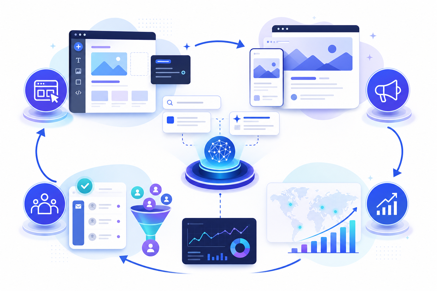 Imagen que muestra un diagrama de flujo de operación y optimización de un sitio web. En el centro hay un globo terráqueo azul, rodeado de varios elementos como páginas web mostradas en ordenadores y móviles, gráficos de datos, un mapamundi, gráficos e iconos de personas. Flechas conectan los distintos elementos, indicando un flujo de información. Esta imagen está estrechamente relacionada con el contexto, ilustrando visualmente los distintos pasos desde la generación de contenido del sitio web, la monitorización de datos, las recomendaciones de crecimiento hasta la captación de consultas, destacando las ventajas integrales de We0 AI en la gestión del ciclo de vida completo del sitio web.