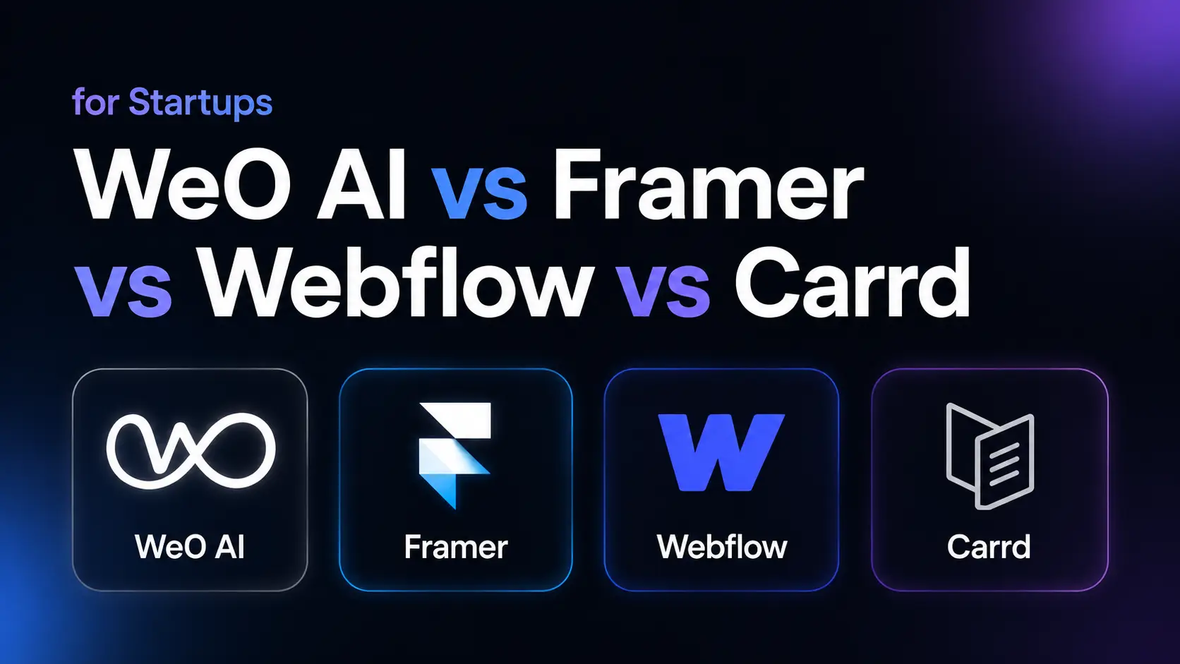 L'image présente une comparaison des meilleurs outils de création de sites web par IA pour les startups en 2026, intitulée « for Startups WeO AI vs Framer vs Webflow vs Carrd », accompagnée des icônes des quatre outils. De gauche à droite, on trouve l'icône du symbole infini pour WeO AI, l'icône en forme de F pour Framer, l'icône en forme de W pour Webflow, et l'icône en forme de livre pour Carrd. Située au début du document, l'image fait écho au titre et au contenu, présentant de manière visuelle les quatre outils de création par IA comparés, en préparation à leur analyse détaillée ultérieure.