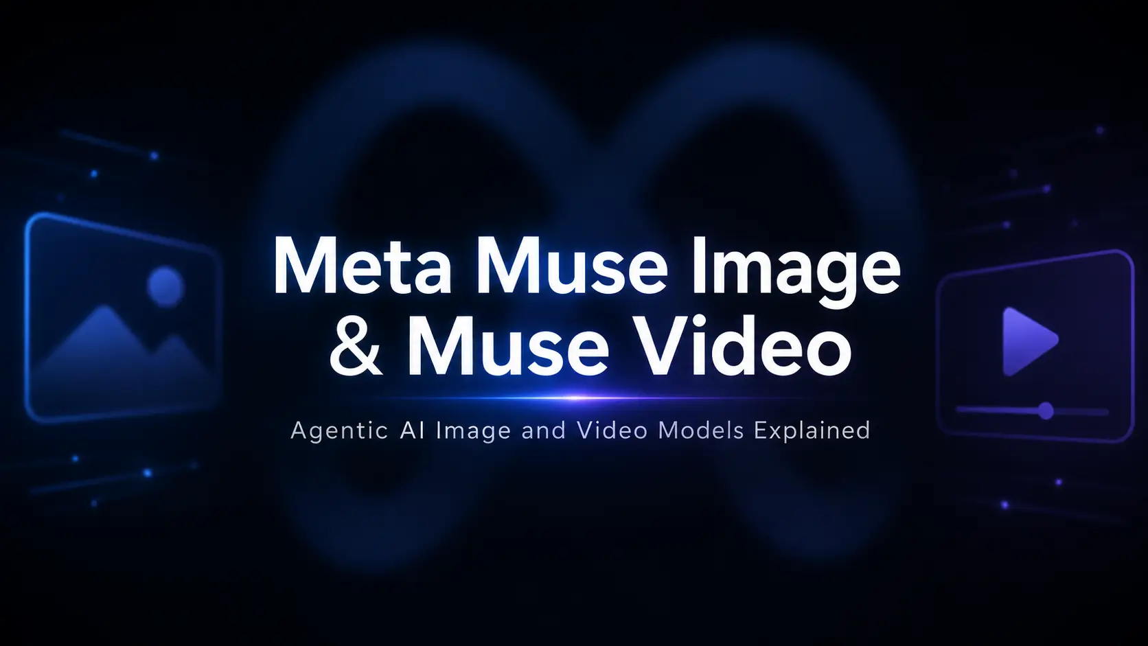 L'image présente une illustration promotionnelle de Meta Muse Image & Muse Video. Le fond est bleu foncé, avec une icône d'image bordée de bleu à gauche et une icône de lecture bordée de bleu à droite. Au centre, le texte « Meta Muse Image & Muse Video » apparaît en grands caractères, suivi en dessous du sous-titre « Agentic AI Image and Video Models Explained ». Cette image se situe avant le contexte qui présente les fonctionnalités de Meta Muse Image et Muse Video dans le document, servant à introduire le sujet et à mettre en évidence les noms des deux produits ainsi que leur domaine d'application.
