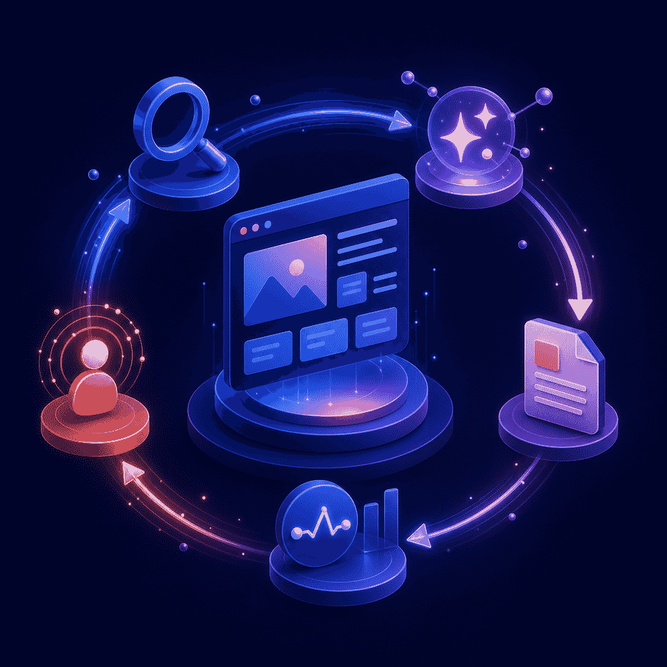 Das Bild zeigt ein zyklisches System mit einer Webseite im Zentrum. Um die Webseite herum befinden sich vier Symbole, die Benutzer, Daten, Code und SEO repräsentieren. Das Benutzersymbol zeigt eine menschliche Figur, das Datensymbol enthält ein Diagramm, das Codesymbol ist eine Codedatei und das SEO-Symbol zeigt einen Stern und Pfeile. Blaue Pfeile bilden einen Kreislauf, der darauf hinweist, dass diese Elemente miteinander verbunden sind und gemeinsam den Betrieb und die Entwicklung der Webseite vorantreiben. Die Grafik korrespondiert mit der Beschreibung der We0.ai-Plattform im Dokument und veranschaulicht die vollständige, auf die Webseite ausgerichtete Ökosystemkette.