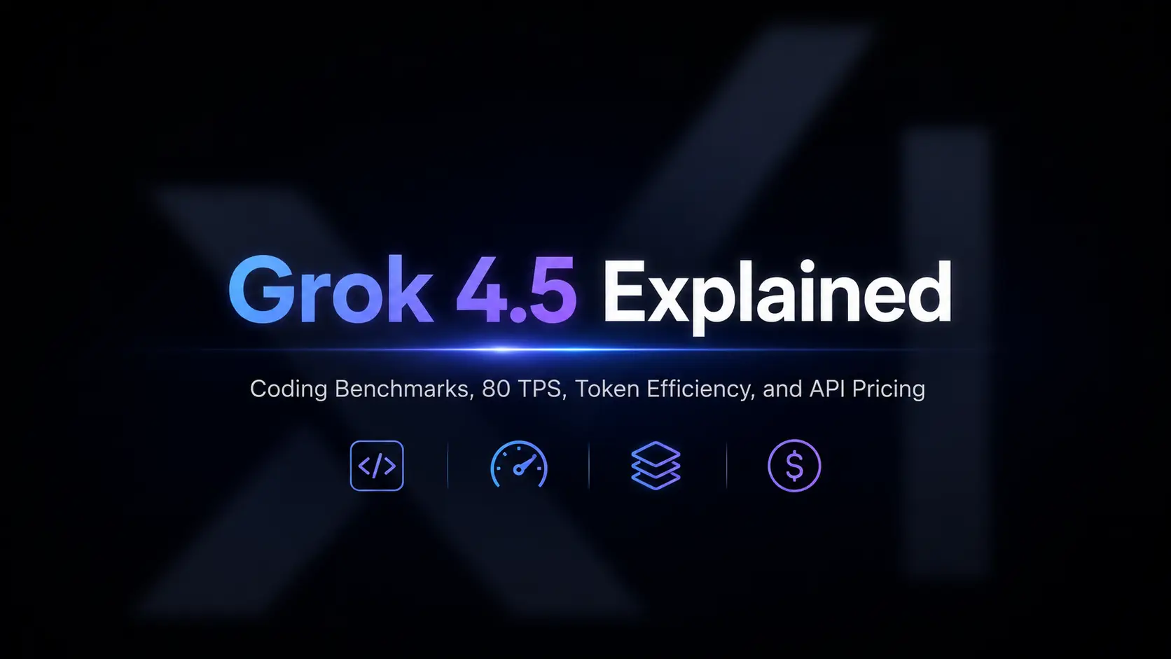 La imagen es la portada de presentación de Grok 4.5, con un fondo oscuro de estilo tecnológico y un patrón borroso en forma de 'X'. En el centro, el texto 'Grok 4.5 Explained' aparece en azul y púrpura, y debajo en letras blancas se lee 'Coding Benchmarks, 80 TPS, Token Efficiency, and API Pricing'. En la parte inferior hay cuatro iconos: un símbolo de código, un cronómetro, cubos apilados y un signo de dólar, que representan respectivamente puntos de referencia de codificación, 80 TPS, eficiencia de tokens y precios de API. La imagen está relacionada con la configuración SEO de Grok 4.5 descrita en el documento y sirve como portada para atraer la atención de los lectores.