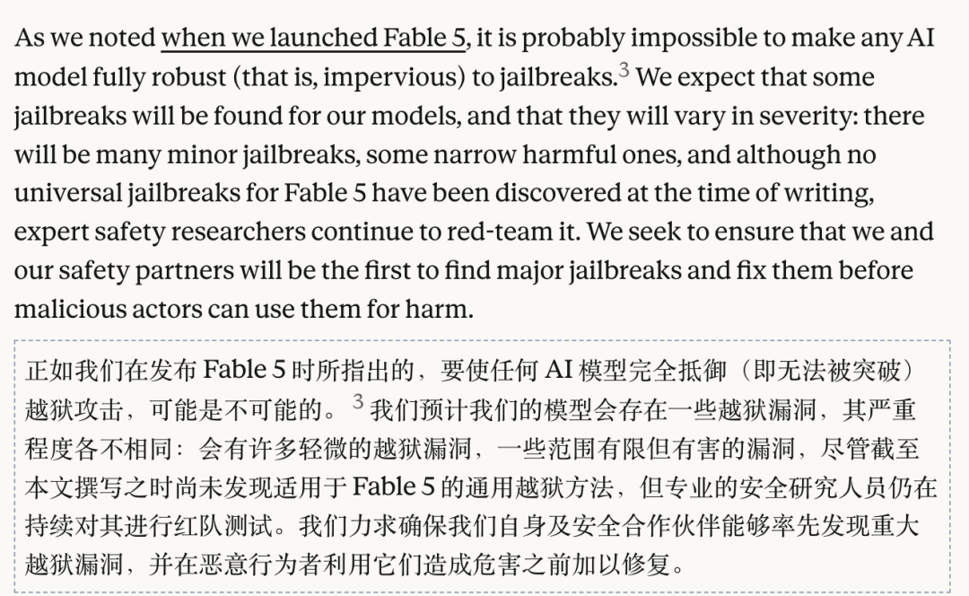 画像は、文書内の一節で、AIモデルのジェイルブレイクに関する想定を紹介している。Fable 5の公開時点で、AIモデルをジェイルブレイクに対して完全に耐性あるものにすることは不可能かもしれないと認識していたこと、またモデルには軽微な脆弱性や範囲は限定的だが有害な脆弱性など、深刻度の異なるジェイルブレイク脆弱性が存在すると予想していたことが示されている。汎用的なジェイルブレイク方法はまだ見つかっていないものの、安全性研究者は継続的にレッドチームテストを行っているとも述べている。文書ではさらに、Anthropicは既知のジェイルブレイクを軽微なものと見なしており、安全境界には入り込む可能性があるものの、必ずしも最も深刻なカテゴリに達するわけではないと考えていることにも触れている。