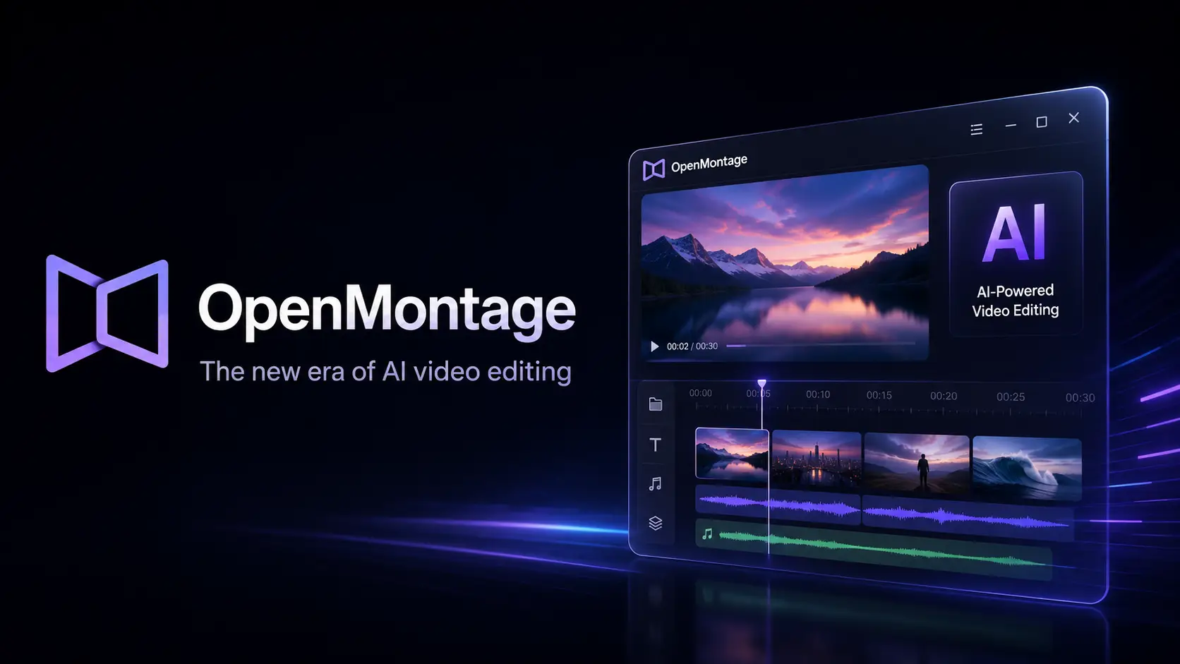 Das Bild zeigt ein Werbemotiv von OpenMontage. Auf der linken Seite sind das Logo sowie der Schriftzug „OpenMontage The new era of AI video editing“ zu sehen; das Logo besteht aus einer violetten geometrischen Form. Rechts ist ein Tablet mit einer Video-Editing-Oberfläche dargestellt. Oben in der Oberfläche steht der Titel „OpenMontage“, darunter sind ein Videobild und eine Zeitleiste zu sehen; oben rechts im Bild steht „AI AI-Powered Video Editing“. Insgesamt dominiert ein dunkler Hintergrund, ergänzt durch violette und blaue Lichteffekte, die ein technisches, futuristisches Gefühl vermitteln. Das Bild passt zum Dokument, in dem OpenMontage als neue Ära der KI-Videobearbeitung vorgestellt wird.