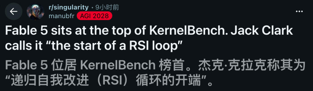صورة لمنشور على Reddit، ناشره r/singularity، نُشر قبل 9 ساعات. يذكر المحتوى أن Fable 5 تحتل الصدارة في KernelBench، ويصفها جاك كلارك بأنها "بداية حلقة التحسين الذاتي التكراري (RSI)". أسفلها ترجمة بالصينية. هذه الصورة وثيقة الصلة بمناقشة الوثيقة حول تحقيق Fable 5 لسرعة أسرع بمقدار 18.7 مرة في KernelBench-Mega، مما يعكس التقدم الذي أحرزته أنظمة الذكاء الاصطناعي في أتمتة أبحاث الذكاء الاصطناعي وتطويره، وهو تجسيد لحلقة التحسين الذاتي التكراري.