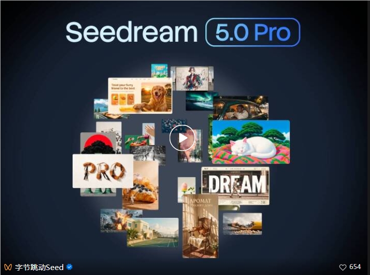 صورة تعرض Seedream 5.0 Pro من ByteDance. في وسطها عبارة "Seedream 5.0 Pro" محاطة بعدة صور تشمل قططًا ومناظر طبيعية وطعامًا، مما يعكس تنوع المحتوى البصري. أسفل الصورة شعار "ByteDance Seed"، وفي الزاوية اليمنى السفلية يظهر عدد الإعجابات 654. ترتبط هذه الصورة ارتباطًا وثيقًا بالسياق، وتوضح بشكل مباشر تنوع وثراء Seedream 5.0 Pro في توليد الصور، مما يتوافق مع وصف النموذج في المستند كونه نموذجًا متعدد الوسائط لإنشاء الصور قادرًا على تحويل المعلومات المعقدة إلى تخطيطات بصرية وتحرير مناطق محددة وتوليد صور أكثر واقعية.