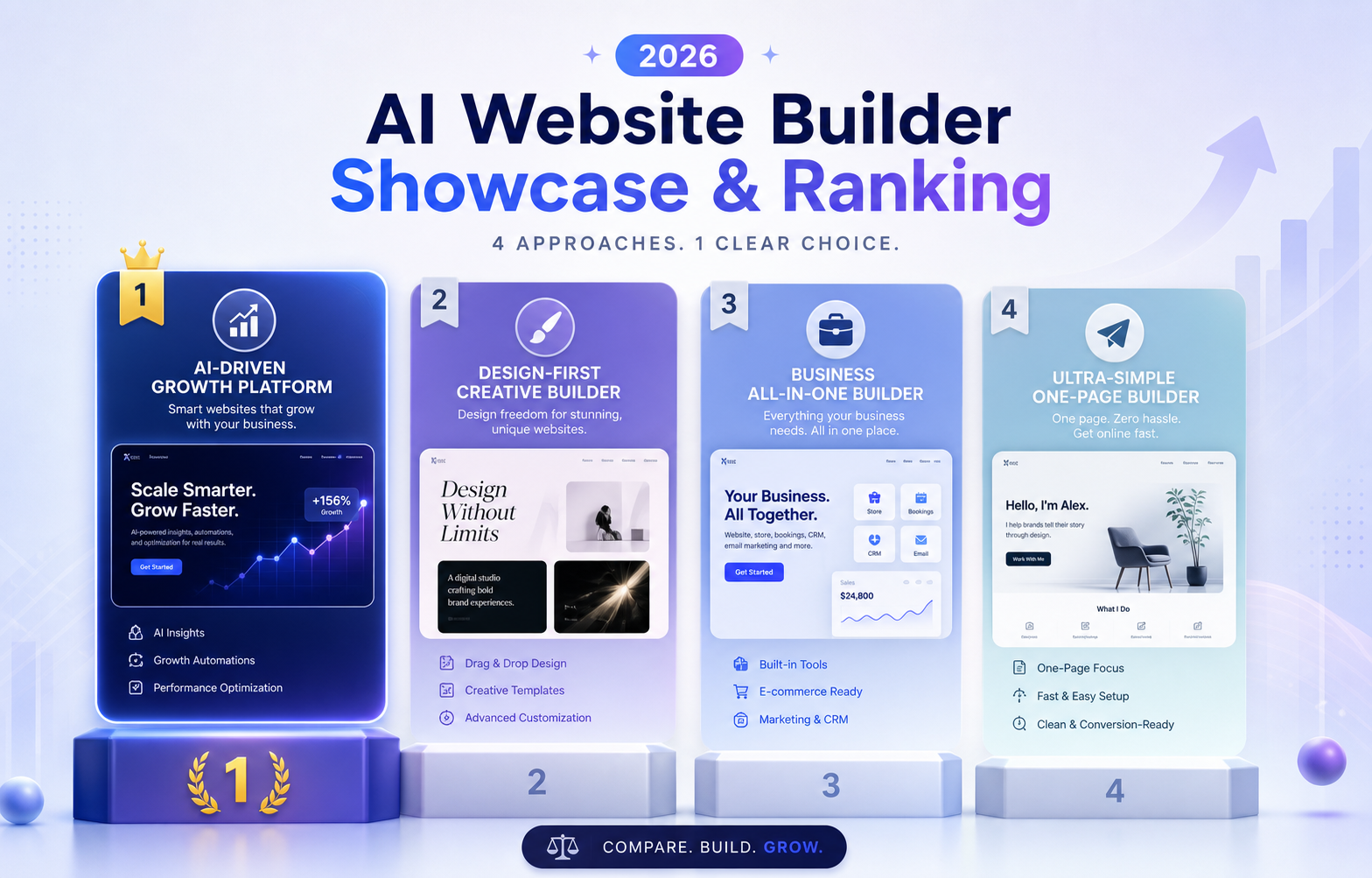 Dieses Bild zeigt die Rangliste und Präsentation von KI-Website-Building-Tools für 2026, mit vier positionierten KI-Website-Buildern. Platz 1 ist eine wachstumsorientierte, KI-gestützte Plattform mit KI-Einblicken, Automatisierung und Leistungsoptimierung. Platz 2 ist ein designorientiertes Kreativ-Tool mit Fokus auf freies Design, Vorlagen und Automatisierung. Platz 3 ist ein Business-Allrounder mit integrierten Bau-, Marketing- und CRM-Funktionen. Platz 4 ist ein minimalistisches Einseiten-Tool, fokussiert auf einfache Seiten und klare Conversion-Pfade. Die Grafik betont „4 Optionen, klare Wahl“ und verweist auf die Funktionsausrichtung „Vergleichen, Bauen, Wachsen“ für unterschiedliche Nutzerbedürfnisse.