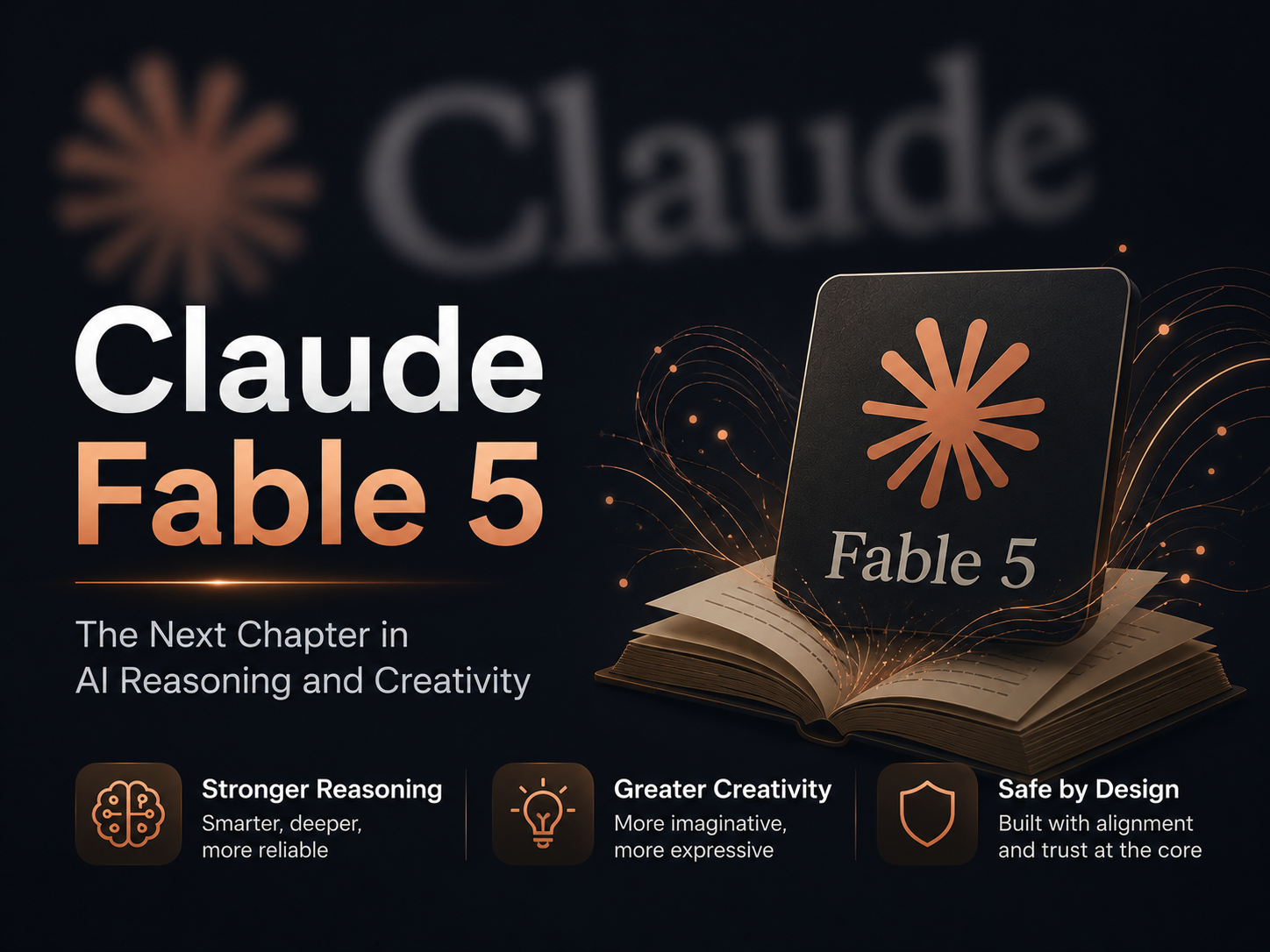 图片展示的是Claude Fable 5的宣传图。背景为深色,左侧有“Claude”字样,右侧是打开的书本,书页上印有“Fable 5”及星形图案。下方文字为“Claude Fable 5 The Next Chapter in AI Reasoning and Creativity”。右侧有三个图标,分别代表更强推理能力、更大创造力、设计安全,对应文字为“Smarter, deeper, more reliable”“More imaginative, more expressive”“Built with alignment and trust at the core”。该图与文档中介绍Claude Fable 5相关内容相呼应。