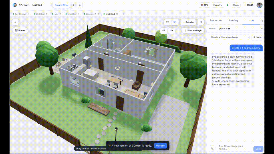 الصورة تعرض واجهة منصة 3D Dream. على اليسار منطقة عرض المشهد، وتظهر نموذج منزل بغرفة نوم واحدة مع أثاث، ومحاط بالأشجار والأسوار. على اليمين منطقة خصائص المنزل وخيارات الإنشاء، وتظهر أن المنزل يحتوي على غرفة نوم واحدة والعديد من الغرف، مع خيار إنشاء غرفة جديدة. يوجد في الأسفل زر "Ask AI to change your home...". هذه الصورة مرتبطة بقسم "اختبارات المستخدمين الحقيقية" في المقال، وتستخدم لتوضيح مثال على أعمال التصميم ثنائي وثلاثي الأبعاد التي يمكن لمنصة 3D Dream توليدها، بما في ذلك نماذج منازل مع أثاث، مما يعرض نتائج تطبيق Grok 4.5 في اختبارات المستخدمين الفعلية.
