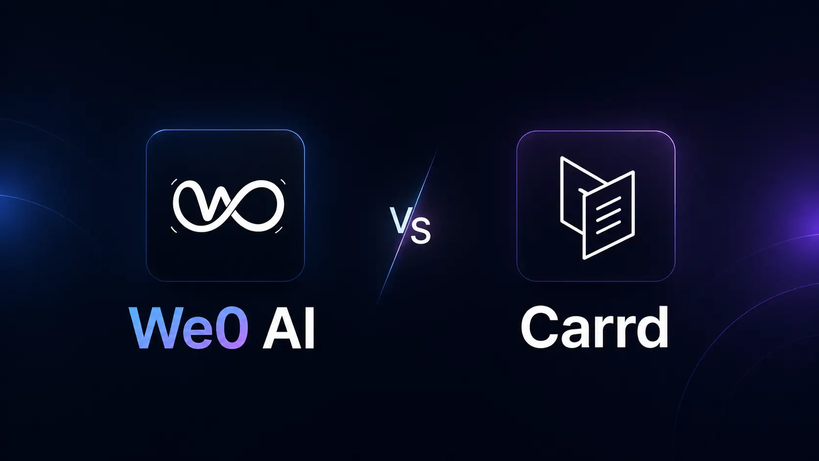 Das Bild zeigt einen Vergleich zwischen We0 AI und Carrd. Links ist das Logo von We0 AI zu sehen, bestehend aus einem weißen Unendlichkeitssymbol, darunter der Text „We0 AI“ in einem Farbverlauf von Lila und Blau. Rechts ist das Logo von Carrd zu sehen, bestehend aus einem weißen Faltblatt-Symbol, darunter der Text „Carrd“ in Weiß. In der Mitte steht „VS“ auf dunklem Hintergrund mit violetten und blauen Leuchteffekten. Das Bild bezieht sich auf den Inhalt des Dokuments, in dem We0 AI und Carrd vorgestellt werden, und zeigt visuell die Kennzeichen der beiden Plattformen.