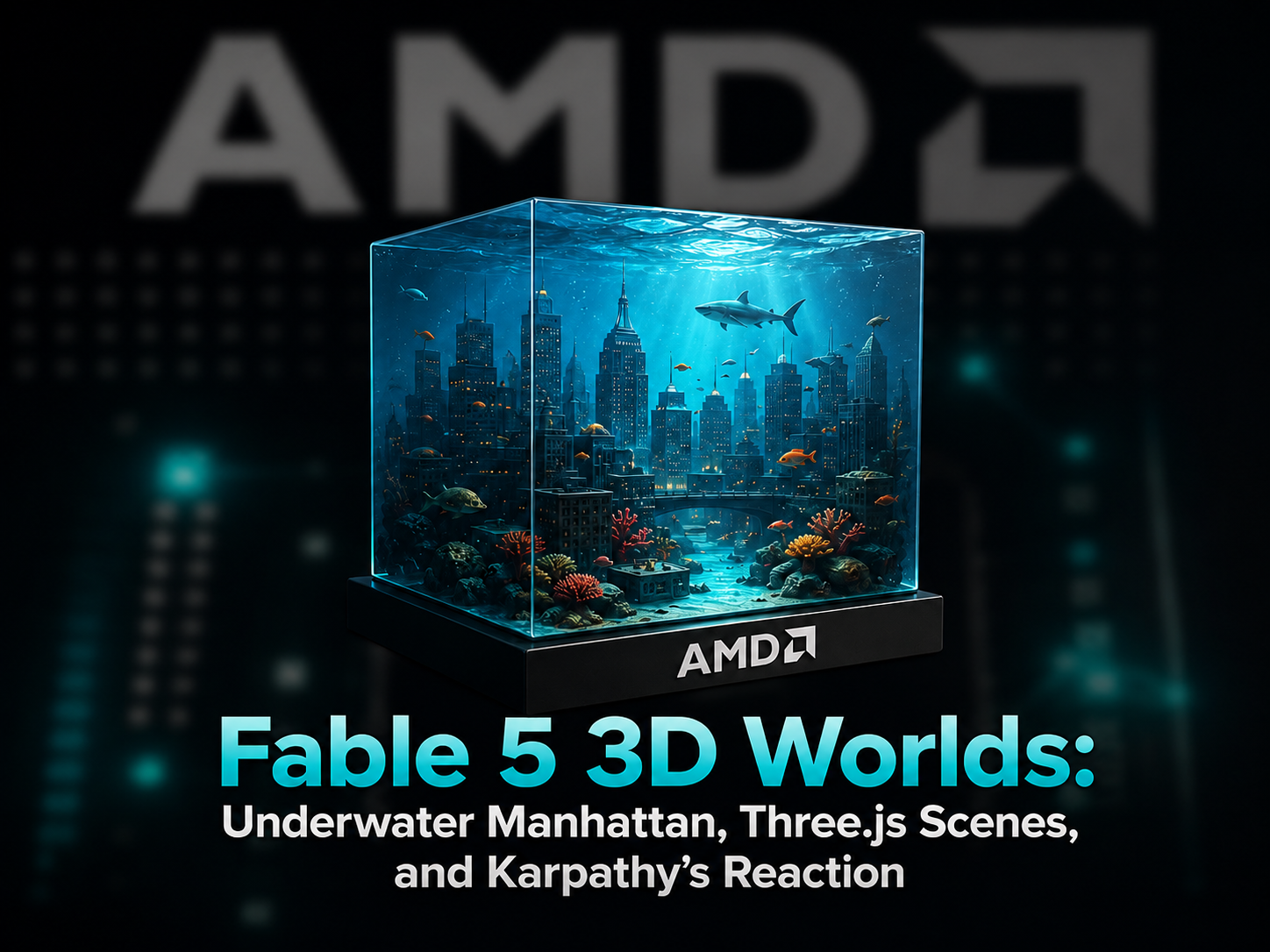 Das Bild zeigt eine 3D-Szene zum Thema Fable 5 vor dunklem Hintergrund, mit einem AMD-Logo oben links. In der Bildmitte befindet sich ein transparentes würfelförmiges Aquarium mit blauem Wasser. Unter der Wasseroberfläche sind Modelle von Hochhäusern zu sehen, dazu Haie, tropische Fische und andere Meereslebewesen sowie Korallen und weitere Unterwasserpflanzen. Am Boden des Aquariums ist ein AMD-Logo angebracht. Darunter steht der Text „Fable 5 3D Worlds: Underwater Manhattan, Three.js Scenes, and Karpathy’s Reaction“. Das Bild steht in Zusammenhang mit dem Inhalt des Dokuments über von Fable 5 geschaffene spielbare 3D-Welten, etwa der Unterwasser-Manhattan-Demo.