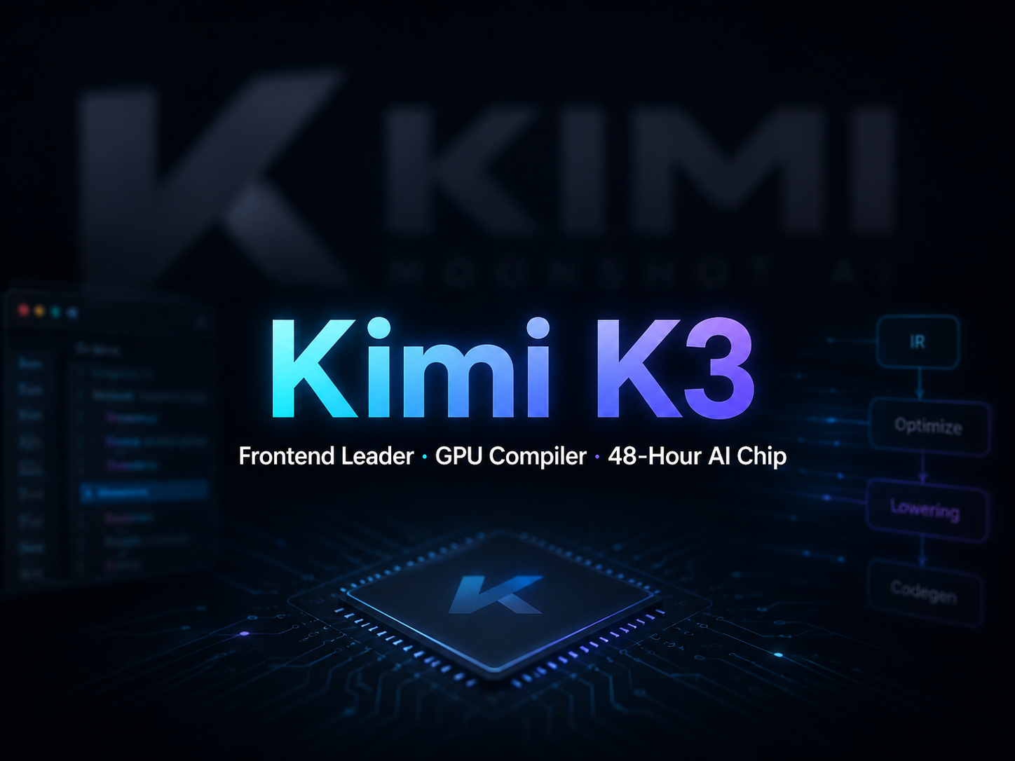 图片以深黑色为背景,左侧有模糊的“KIMI MOONSHOT AI”字样,右侧是“Kimi K3”大字,下方标注“Frontend Leader · GPU Compiler · 48-Hour AI Chip”。画面中间是一个发光的芯片,芯片上有字母“K”。右侧有流程图,从“IR”依次经过“Optimize”“Lowering”“CodeGen”等步骤。左侧显示代码界面。该图片与文档中“SEO封面摘要”内容相关,是月之暗面Kimi K3的技术封面设计,符合文档对封面的描述要求。