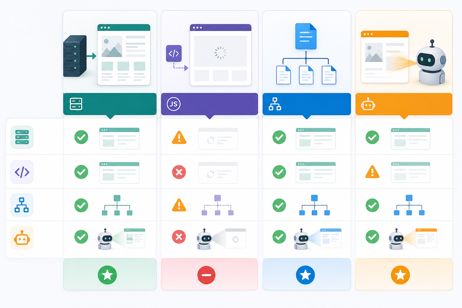 صورة توضح مقارنة بين منشئي مواقع مختلفين، مقسمة إلى أربع فئات: Webflow، وWe0 AI، وWordPress، و10Web. تحت كل فئة توجد علامات توضح إيجابيات وسلبيات من حيث أبعاد مثل الكود، وهيكل البيانات، والروبوتات. يوجد في Webflow علامة خطأ حمراء في بعدي الكود وهيكل البيانات، وعلامة صح خضراء في بعد الروبوتات؛ في We0 AI توجد علامات صح خضراء في أبعاد الكود وهيكل البيانات والروبوتات؛ في WordPress توجد علامات صح خضراء في أبعاد الكود وهيكل البيانات والروبوتات، بالإضافة إلى نجمة زرقاء؛ في 10Web توجد علامات صح خضراء في أبعاد الكود وهيكل البيانات والروبوتات، بالإضافة إلى نجمة زرقاء. ترتبط هذه الصورة بالسياق لمقارنة إيجابيات وسلبيات منشئي المواقع المختلفة، مما يساعد في شرح خصائص كل منشئ.