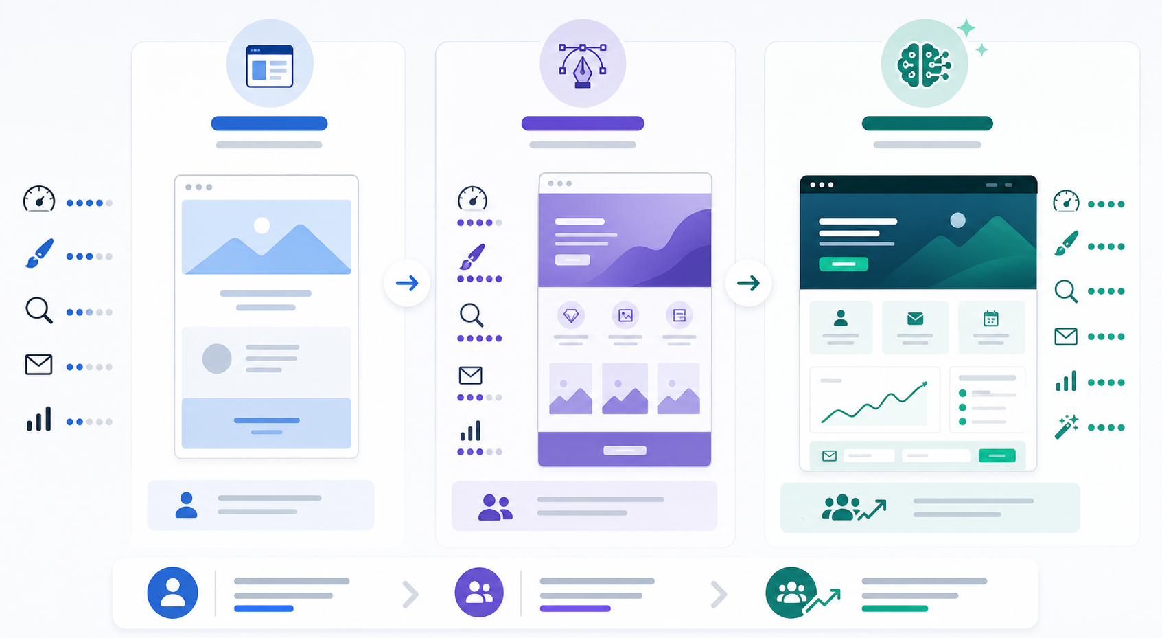 Das Bild zeigt den Website-Erstellungsprozess von We0 AI. Auf der linken Seite befindet sich die Designphase der Website mit Elementen wie Bildern, Texten und Symbolen; in der Mitte die Entwicklungsphase mit technischen Elementen wie Code und Datenbanken; rechts die Betriebsphase nach dem Start mit Datenanalyse und Nutzerfeedback. Unten sind zudem Schritte wie Nutzerakquise, Website-Promotion und Nutzerkonvertierung dargestellt. Die Grafik passt zum Inhalt des Dokuments zur Beschreibung des We0 AI-Website-Erstellungsprozesses und veranschaulicht den gesamten Ablauf von Design über Launch bis Betrieb.