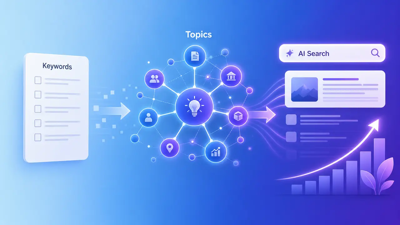 A clean visual showing scattered keyword tags transforming into a connected topic/entity graph that drives SEO visibility, AI search understanding, and leads.