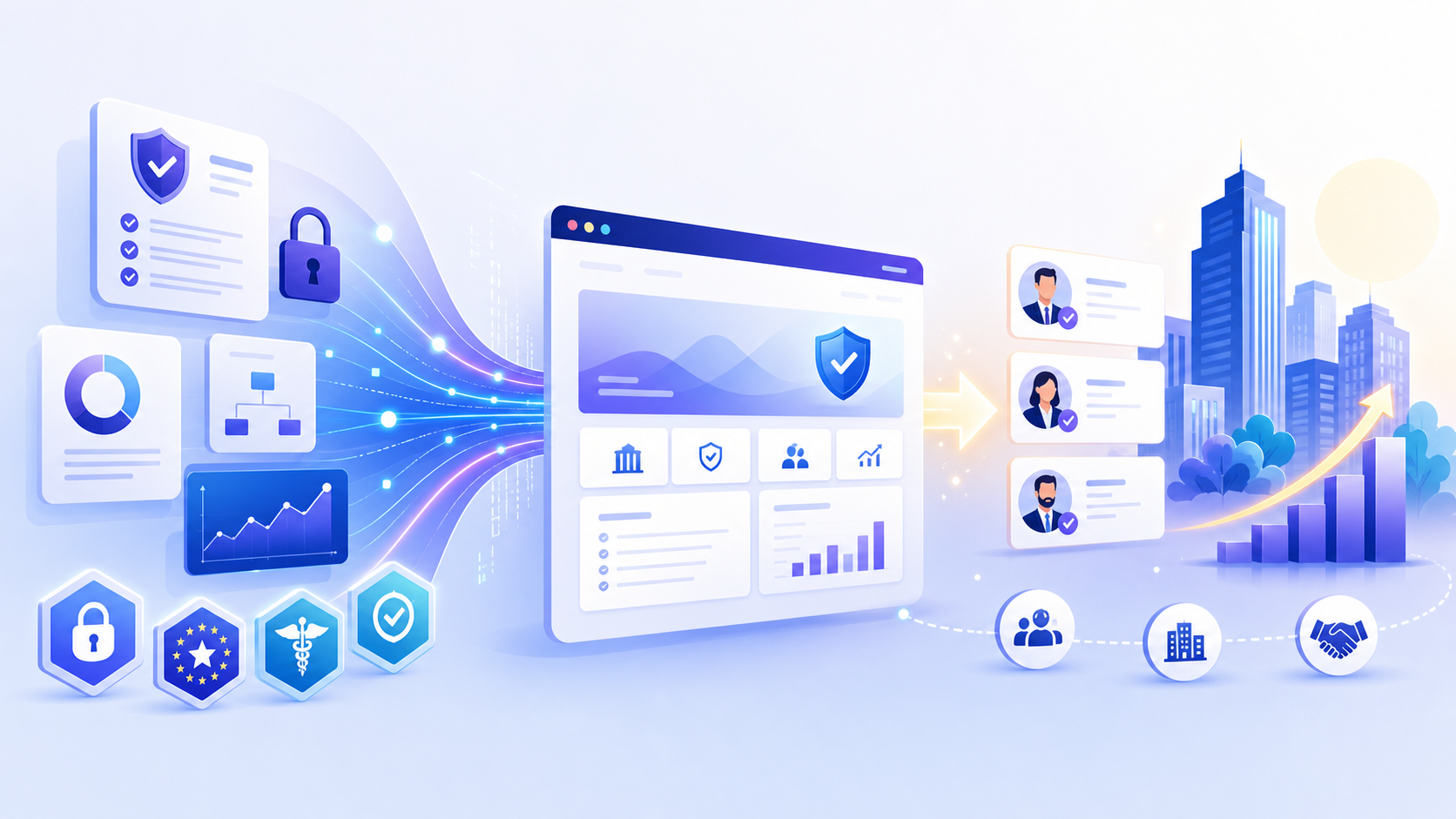 The image shows a scenario for building enterprise trust assets. On the left are data charts, a security lock, and medical icons; in the center is a web interface featuring a shield and check mark; on the right are city buildings and people icons. The image uses blue as the dominant color, symbolizing security and trust. It echoes the document’s discussion of how enterprise websites must address concerns such as data protection, permission control, and audit support, emphasizing that an enterprise website is not just a website, but also an asset for trust, content, and lead generation.