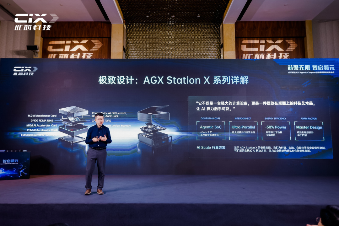 图片展示的是CIX CEO在AGX Station X系列发布活动上的演讲画面。背景为蓝色,上方有"CIX"及"芯聚科技"字样。画面左侧有"极致设计:AGX Station X系列详解"标题,右侧是AGX Station X系列的介绍,包括Agentic SOC、Ultra-Parallel、50% Power等特性。画面中人物身着深色服装,站在讲台前,背景还有"芯聚无限 智启新元"等字样。此图与上下文介绍的AGX Station X系列相关,直观呈现了其设计特点。