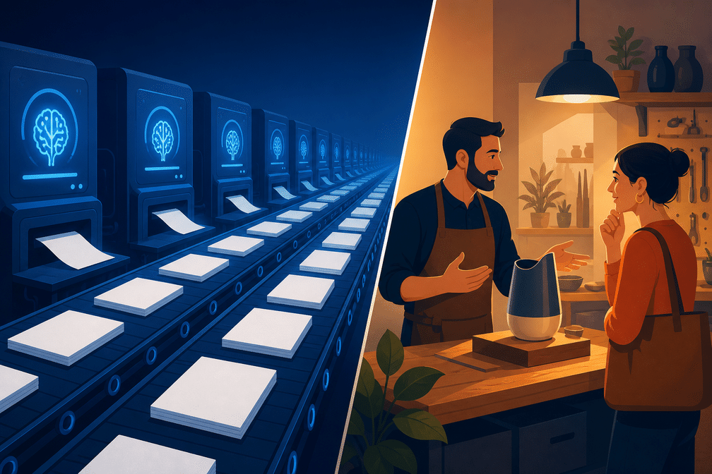 Sur le côté gauche de l'image, une chaîne de production automatisée avec des icônes IA sur les machines produit des feuilles de papier en masse ; à droite, un café artisanal où le personnel et les clients échangent. Cette image est étroitement liée au contexte pour illustrer visuellement le concept d'« abus de contenu à grande échelle », c'est-à-dire l'utilisation massive de contenu généré par IA sans valeur pour les utilisateurs, comparable à la production de masse de contenu inutile, en écho à la position de Google qui filtre les contenus abusifs à grande échelle.