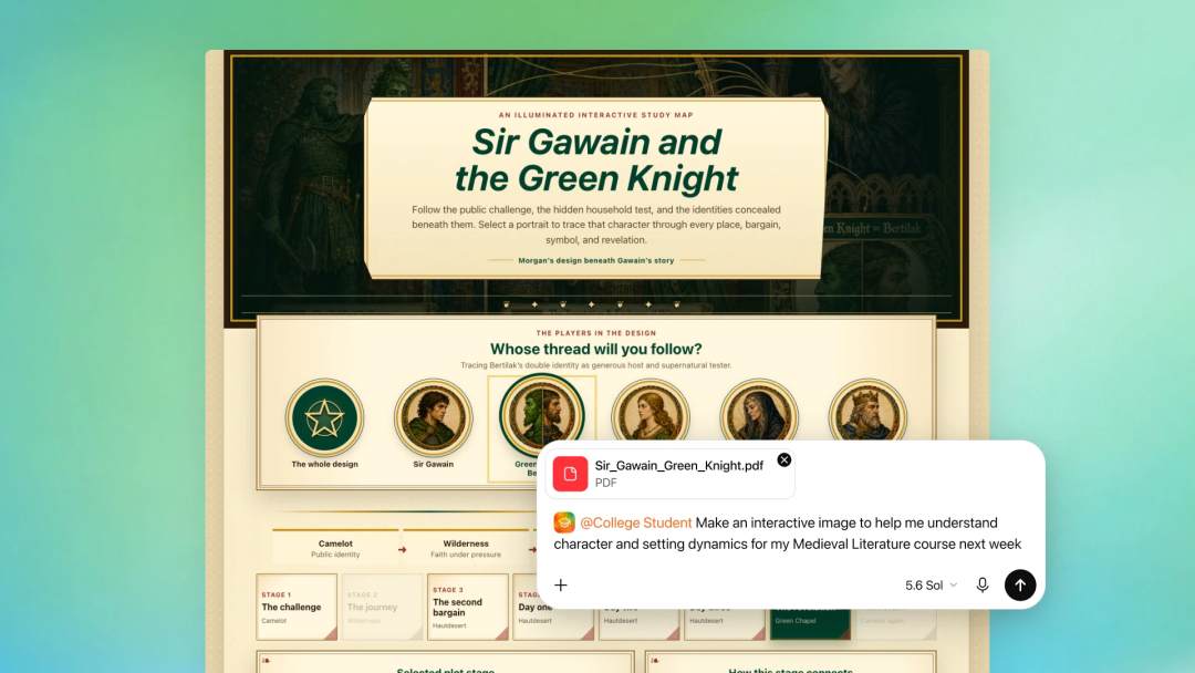 图片展示的是OpenAI Education Plugins中“Sir Gawain and the Green Knight”插件界面。上方标题为“Sir Gawain and the Green Knight”,介绍其为互动学习地图,引导玩家跟随挑战、完成任务和隐藏谜题,探索故事。下方有四个角色头像,供玩家选择主线。右下角弹出窗口显示“Sir_Gawain_Green_Knight.pdf”文件,内容为“@CollegeStudent Make an interactive image to help me understand character and setting dynamics for my Medieval Literature course next week”,并有5.6 Sol的费用标识及“-”按钮。该图片与上下文介绍的插件功能相呼应,展示了其互动学习的实现形式。