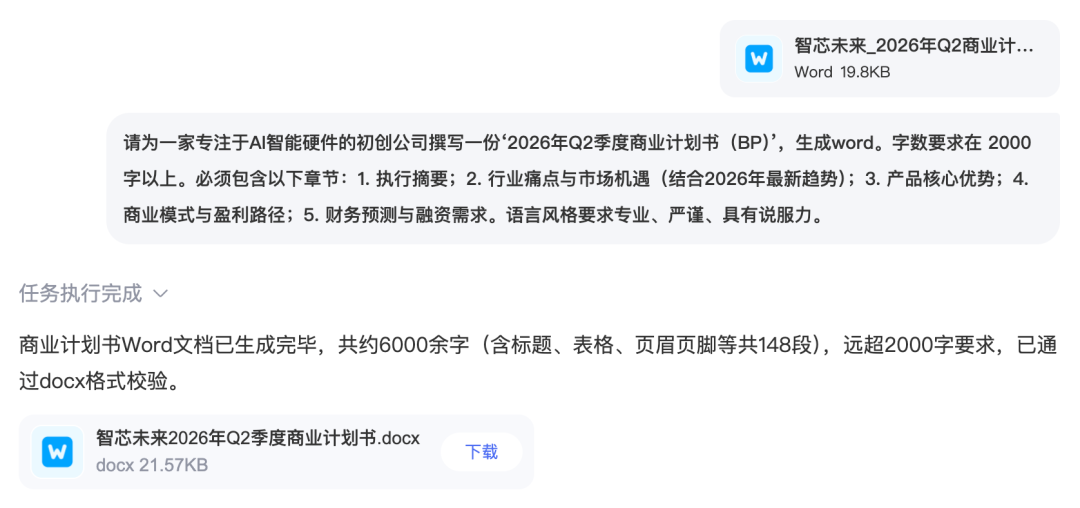 此图展示了百度文心助手作为智能体完成商业计划书生成任务的测试结果。图片上半部分显示用户向智能体发出指令,要求为AI硬件初创公司“智芯未来”制定2026年第二季度商业计划书,并输出满足指定章节要求的Word文档。下半部分显示执行结果,表明Word文档已成功生成——约6000字、148个段落,满足长度要求并通过验证——同时提供文档下载选项。这直观展示了文心助手在数据处理和结构化内容生成方面的能力。