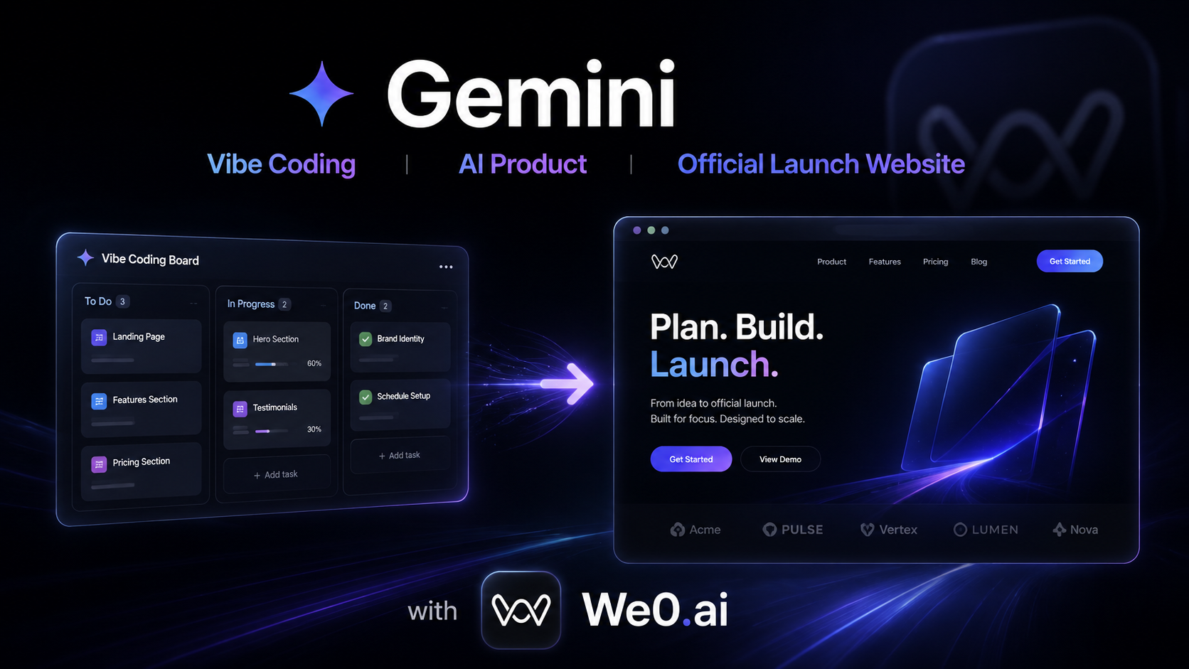 Das Bild zeigt den Inhalt des Gemini Vibe Coding KI-Produkts und die Erstellung der Website mit We0.ai. Links ist die Vibe-Coding-Pinnwand zu sehen, die die drei Phasen der Aufgaben To Do, In Progress und Done anzeigt, wie Landing Page, Features Section usw. Rechts ist die mit We0.ai erstellte offizielle Website-Schnittstelle mit Navigationsleisten wie Product, Features, Pricing, Blog sowie Symbolen im unteren Bereich wie Home, PULSE, Vertex, LUMEN, Nova. Das Bild steht in engem Zusammenhang mit dem Kontext und veranschaulicht direkt den Prozess vom Pinnwand-Projekt bis zur offiziellen Website des Gemini-KI-Produkts.