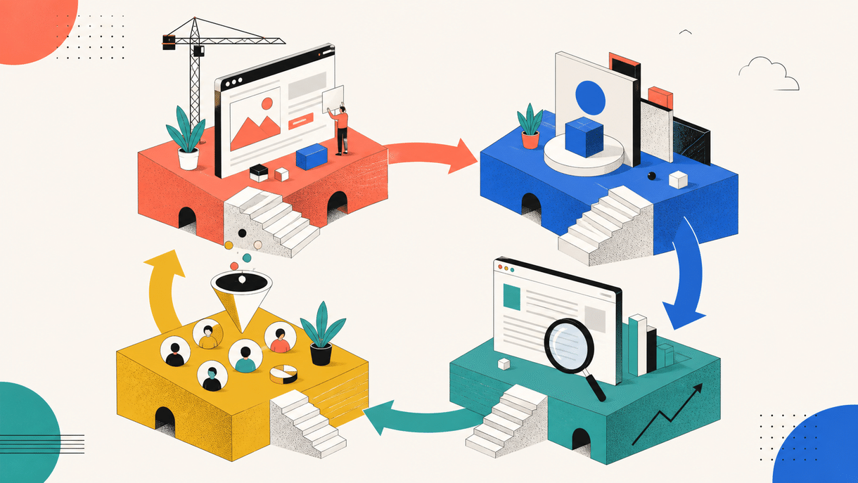 The image shows the flow of content creation and search traffic conversion. In the upper left is a creator working at a computer with plant decorations; in the lower left is an audience gathering to watch content with coffee cups and plants; in the upper right is search results display with plant decorations; in the lower right is search traffic growth with a magnifying glass and books. These elements are connected by arrows, forming a loop from content creation to audience viewing to search traffic growth, visually presenting the relationship between content creation and search traffic conversion.