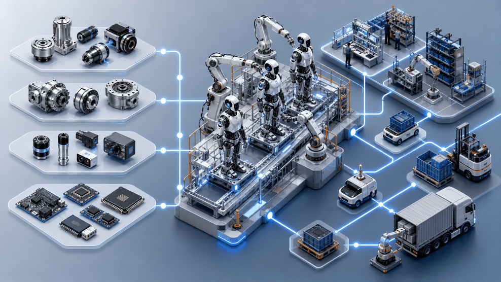This image presents a modern intelligent manufacturing and supply chain ecosystem. The core area features an intelligent production station composed of multiple industrial robots, surrounded by various industrial components including bearings, sensors, chips, and electronic parts. Blue connection lines and data nodes link each zone, representing data transmission and interaction. On the right side, smart vehicles and warehousing facilities cover the full chain of intelligent logistics, storage, and component supply, visually demonstrating intelligent industrial production, component supply, and supply chain collaboration—matching the "robotics supply chain" theme and how manufacturers can leverage relevant tools to connect with the supply chain.