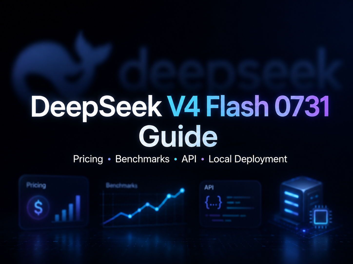 这张图片是DeepSeek V4 Flash 0731的指南封面,整体为暗调科技风格,以黑色为底色,搭配深浅不一的蓝色发光元素。封面主体文字为“DeepSeek V4 Flash 0731 Guide”,下方标明核心内容方向为定价、基准测试、API及本地部署。底部还有四个代表相关内容的科技感图标,分别是对应定价的美元统计图表、对应基准测试的性能折线图、对应API的代码界面标识,以及对应本地部署的服务器设备与芯片图案。图片背景还有模糊的DeepSeek品牌标识,契合文章介绍DeepSeek V4 Flash 0731的核心主题。