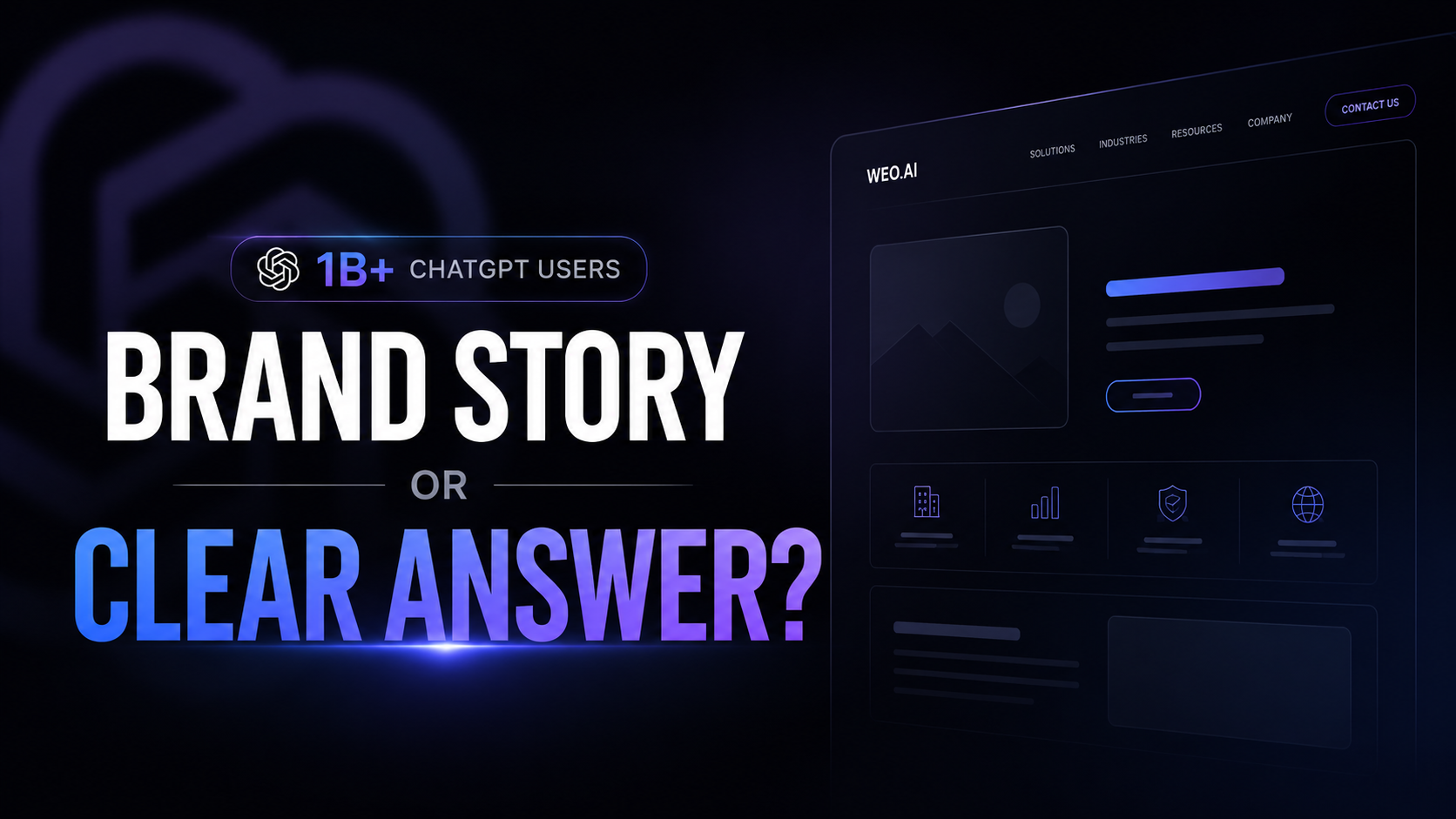 The image presents a dark background with '1B+ CHATGPT USERS' label and 'BRAND STORY OR CLEAR ANSWER?' text on the left, while the right side displays the WEQ.AI homepage interface, including navigation bar, product images, icons, and more. The image is closely related to the context, which explores whether a corporate homepage should feature brand story or clear answers first in the ChatGPT era. This visual directly presents the core question, with '1B+' on the background emphasizing the massive number of ChatGPT users, prompting reflection.