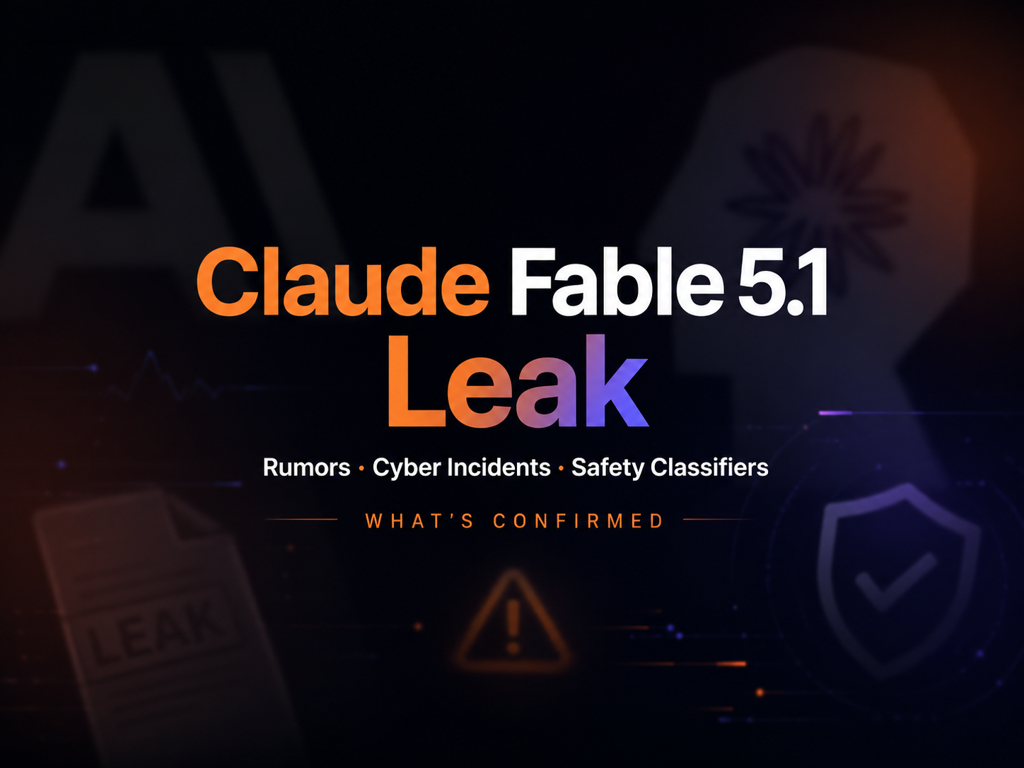 Dieses Bild ist das thematische Titelbild zu den Neuigkeiten über Claude Fable 5.1. Es verwendet einen dunklen Hintergrund mit leuchtenden Elementen in Orange und Blau, um die Kerninhalte hervorzuheben. In der Bildmitte wird das Hauptthema in auffälliger Schrift mit „Claude Fable 5.1 Leak“ angezeigt. Darunter sind die zentralen Aspekte der Neuigkeiten klar aufgelistet: Rumors, Cyber Incidents, Safety Classifiers. Ganz unten ist der Text „WHAT'S CONFIRMED“ vermerkt. Links, rechts und unten im Bild finden sich passende Symbole: ein Dokumentensymbol mit der Aufschrift „LEAK“, ein Warndreieck und ein Schildsymbol. Im Hintergrund sind zudem verschwommene KI-Schriftzüge zu erkennen, die zum Thema der durchgesickerten Informationen rund um das KI-Produkt Claude Fable 5.1 passen. Es handelt sich um die grafische Titelbilddarstellung des Artikels.